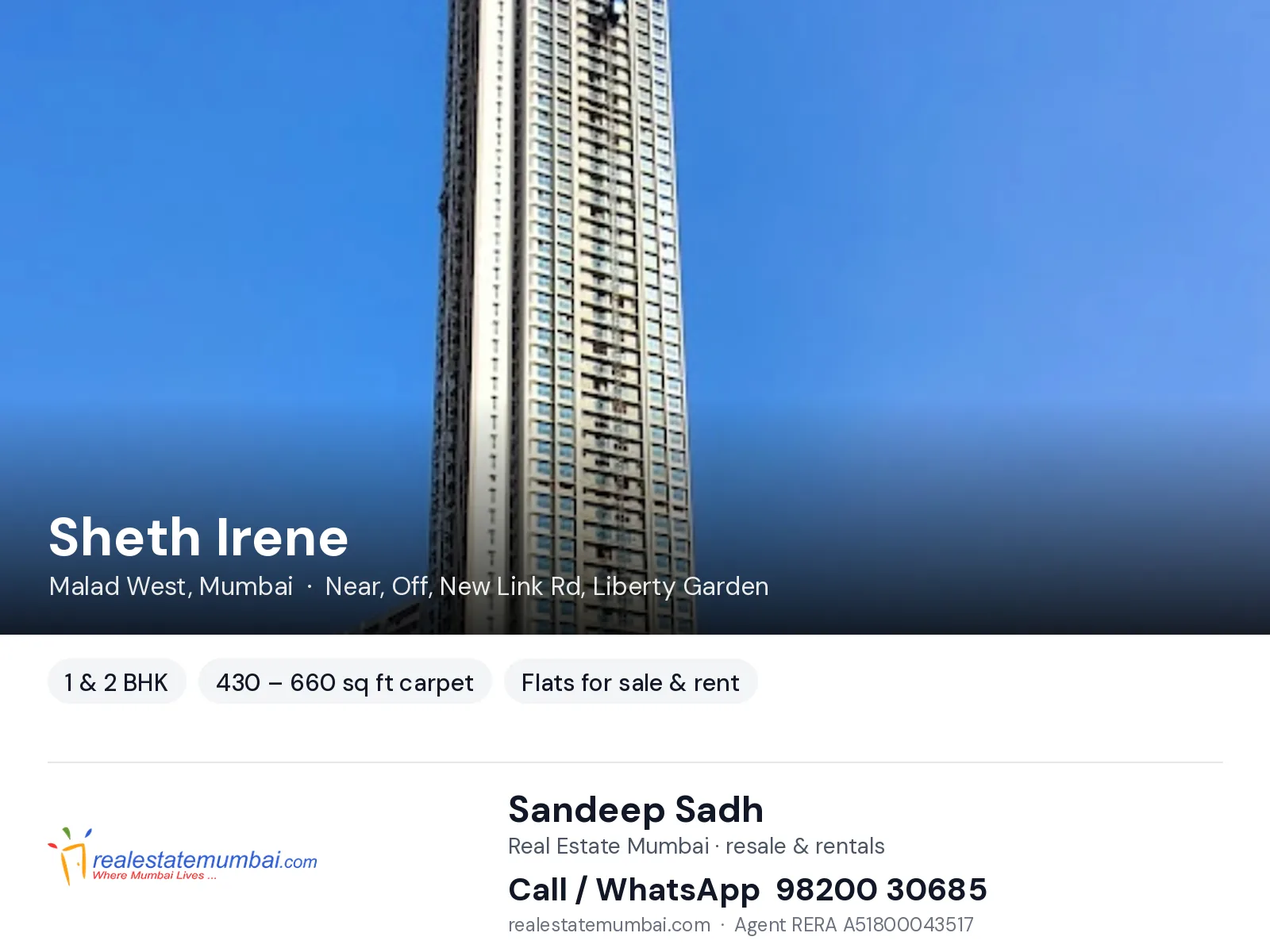 Sheth Irene, Malad West, Mumbai — 1 & 2 BHK flats for sale & rent | Real Estate Mumbai, Sandeep Sadh 98200 30685