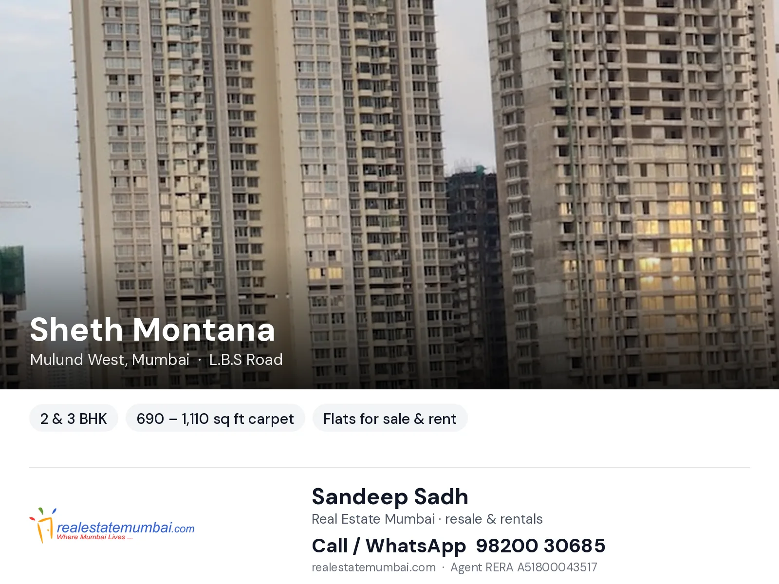 Sheth Montana, Mulund West, Mumbai — 2 & 3 BHK flats for sale & rent | Real Estate Mumbai, Sandeep Sadh 98200 30685