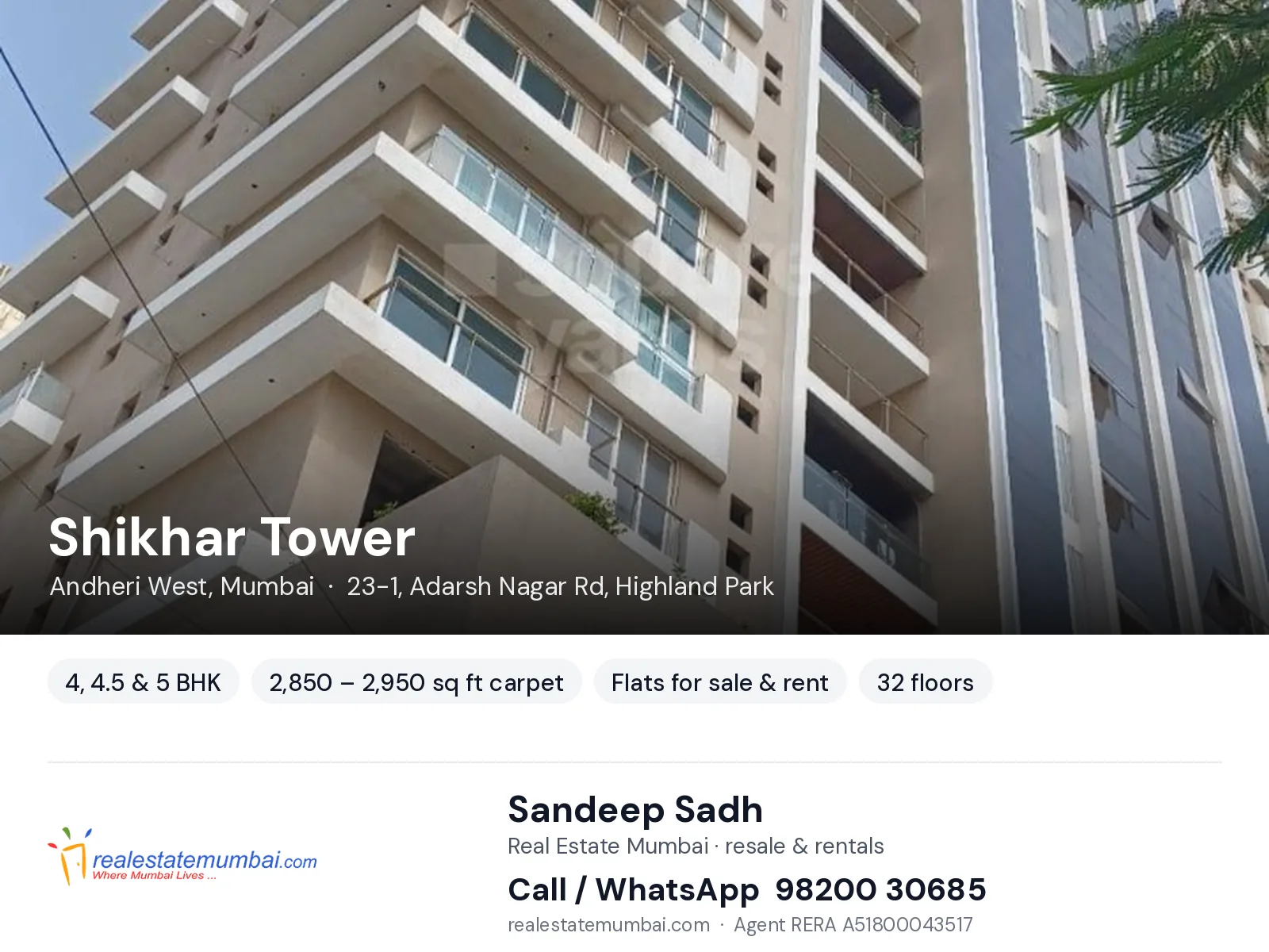 Shikhar Tower, Andheri West, Mumbai — 4, 4.5 & 5 BHK flats for sale & rent | Real Estate Mumbai, Sandeep Sadh 98200 30685