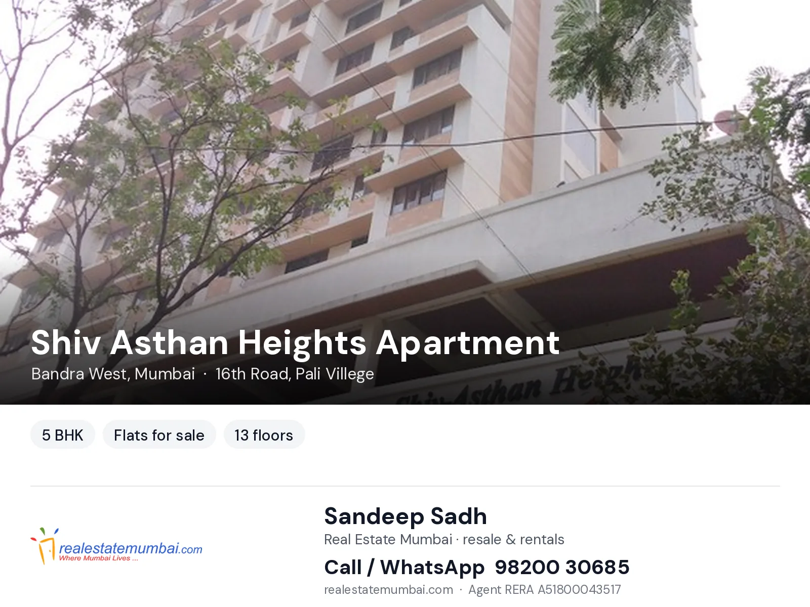 Shiv Asthan Heights Apartment, Bandra West, Mumbai — 5 BHK flats for sale | Real Estate Mumbai, Sandeep Sadh 98200 30685