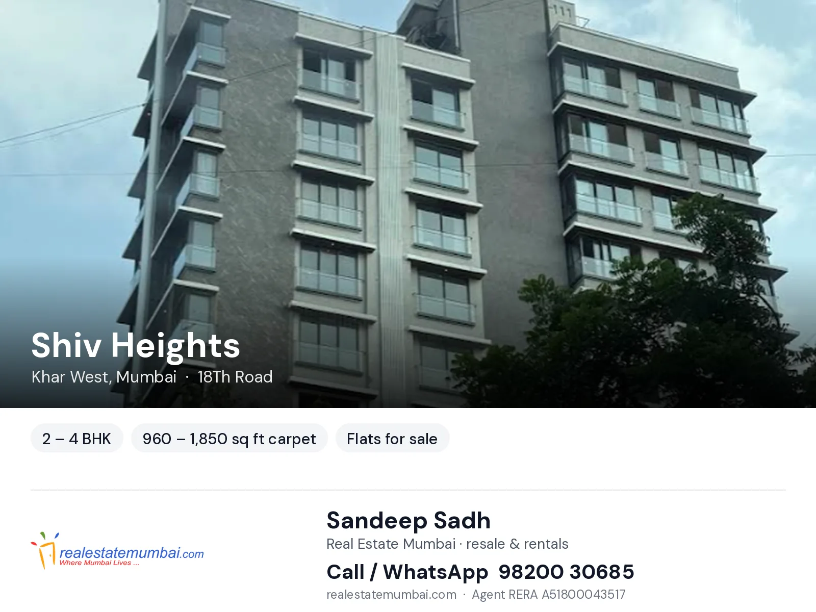 Shiv Heights, Khar West, Mumbai — 2 – 4 BHK flats for sale | Real Estate Mumbai, Sandeep Sadh 98200 30685