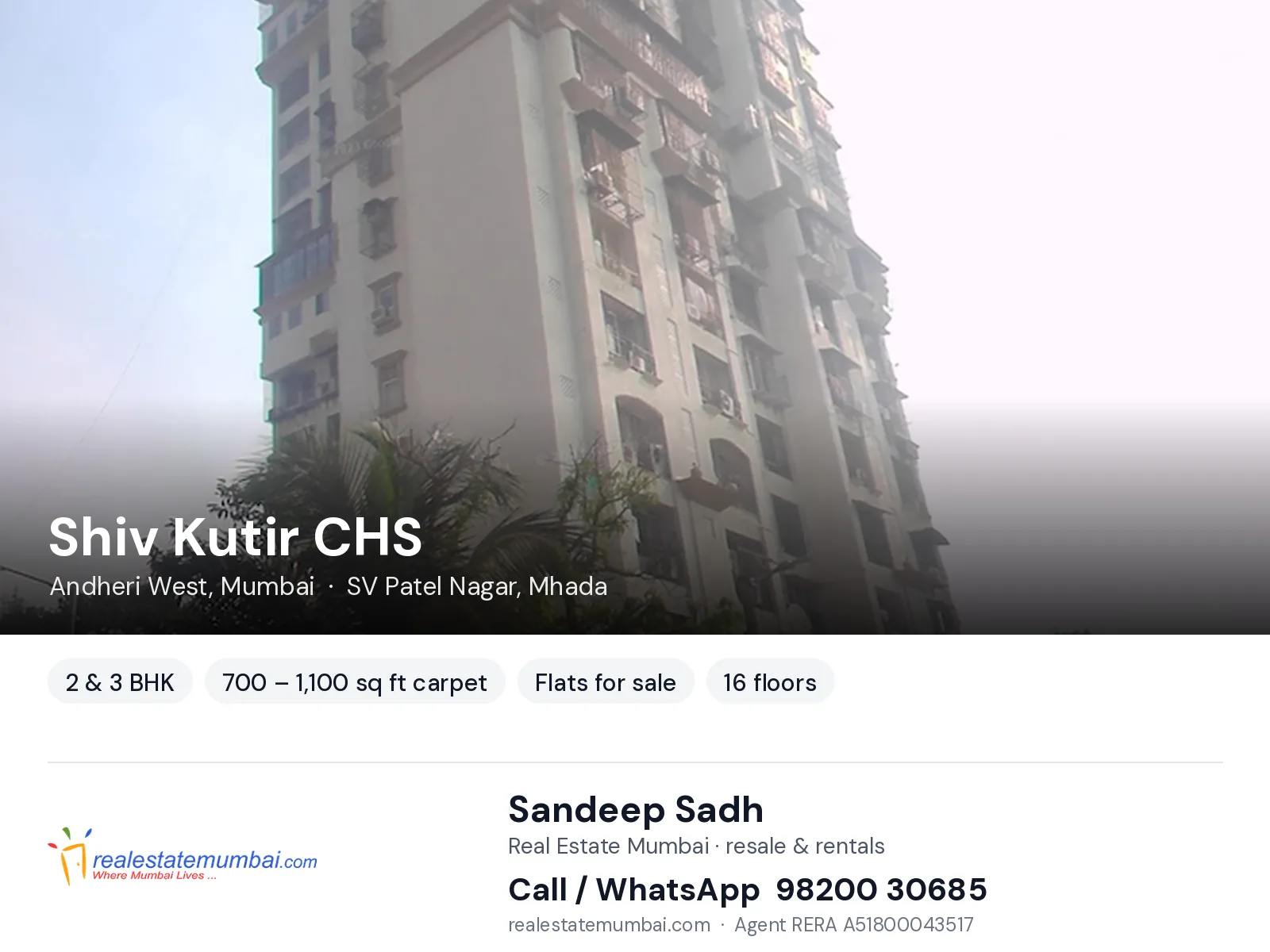 Shiv Kutir CHS, Andheri West, Mumbai — 2 & 3 BHK flats for sale | Real Estate Mumbai, Sandeep Sadh 98200 30685