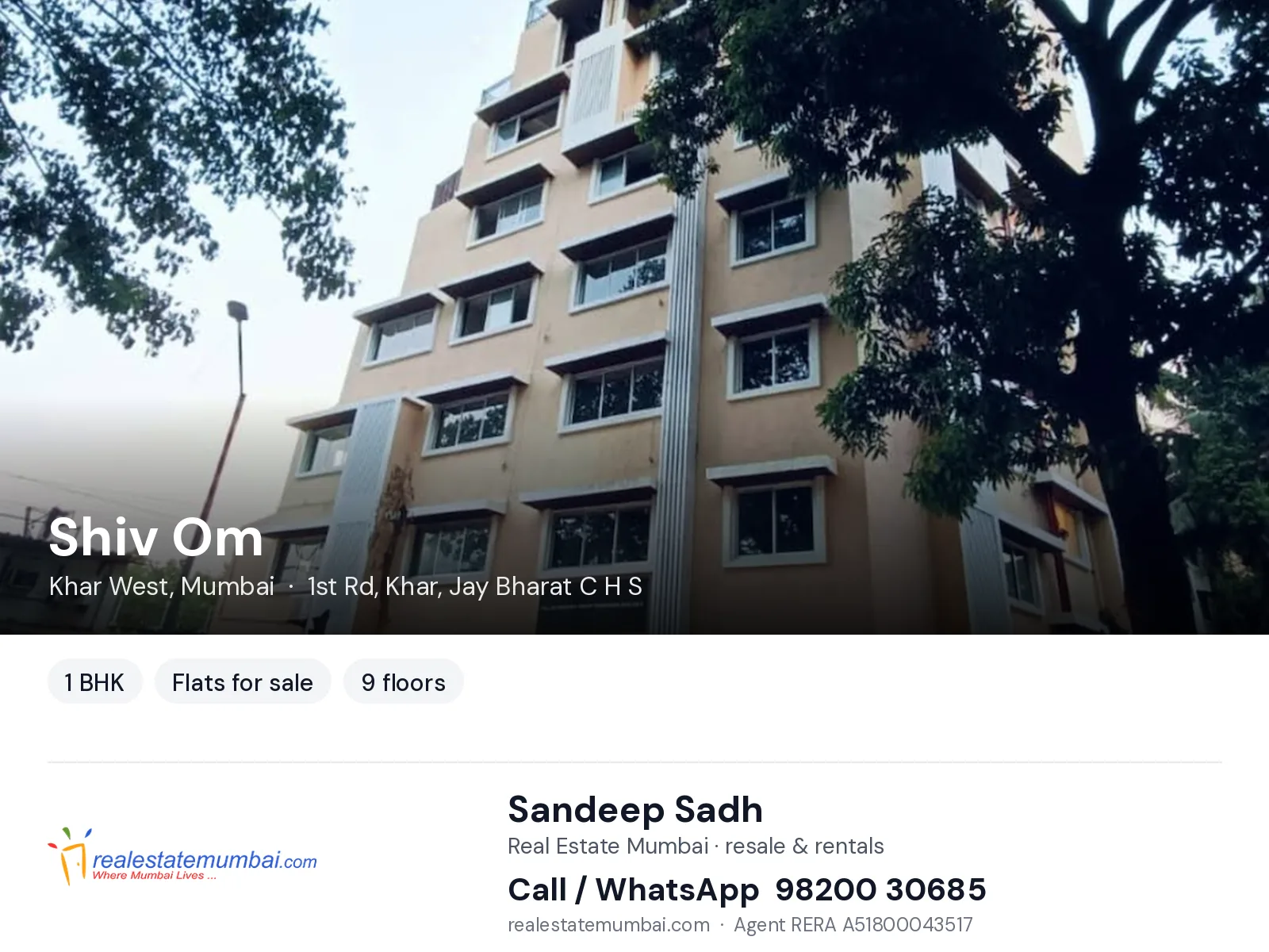 Shiv Om, Khar West, Mumbai — 1 BHK flats for sale | Real Estate Mumbai, Sandeep Sadh 98200 30685