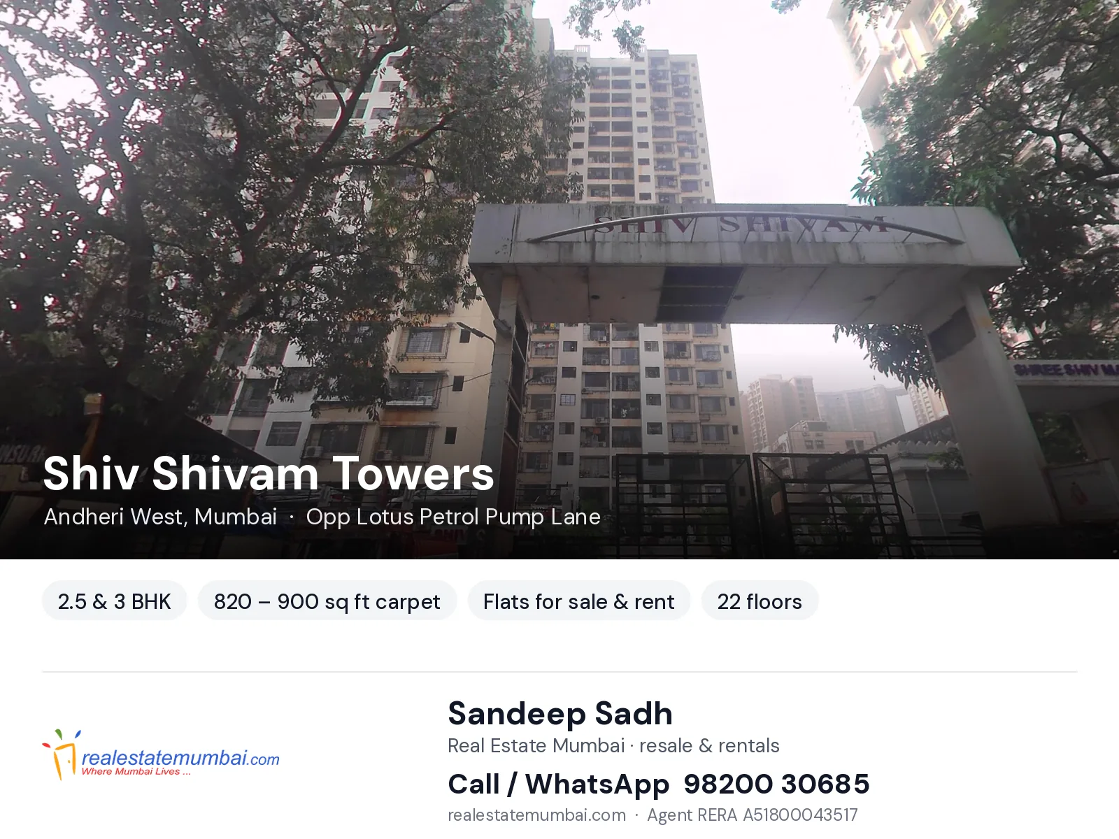 Shiv Shivam Towers, Andheri West, Mumbai — 2.5 & 3 BHK flats for sale & rent | Real Estate Mumbai, Sandeep Sadh 98200 30685
