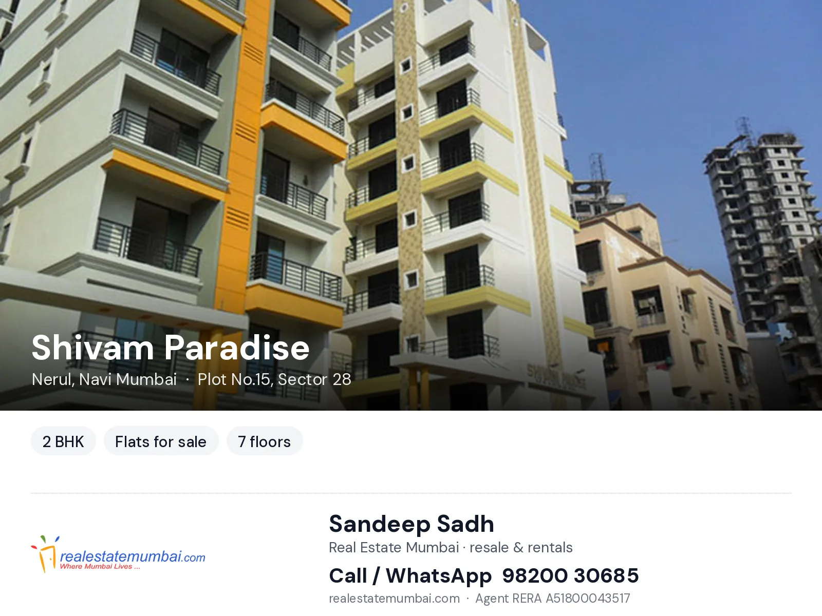 Shivam Paradise, Nerul, Navi Mumbai — 2 BHK flats for sale | Real Estate Mumbai, Sandeep Sadh 98200 30685