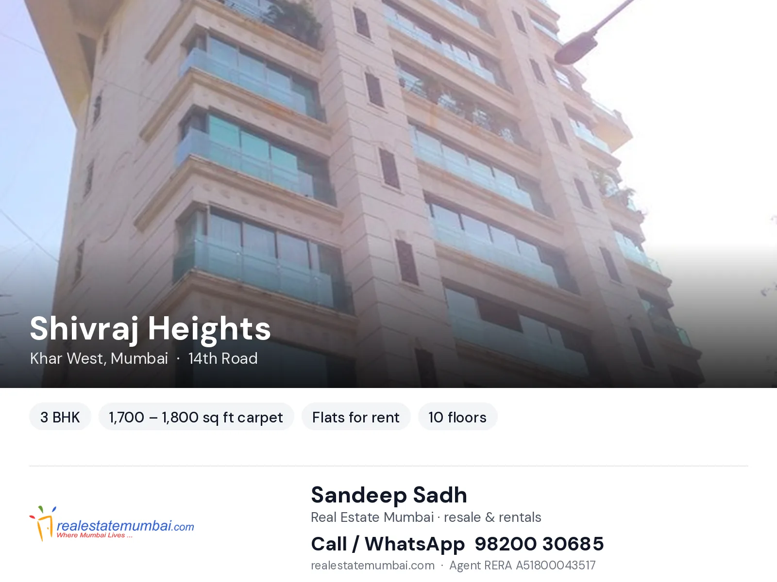 Shivraj Heights, Khar West, Mumbai — 3 BHK flats for rent | Real Estate Mumbai, Sandeep Sadh 98200 30685
