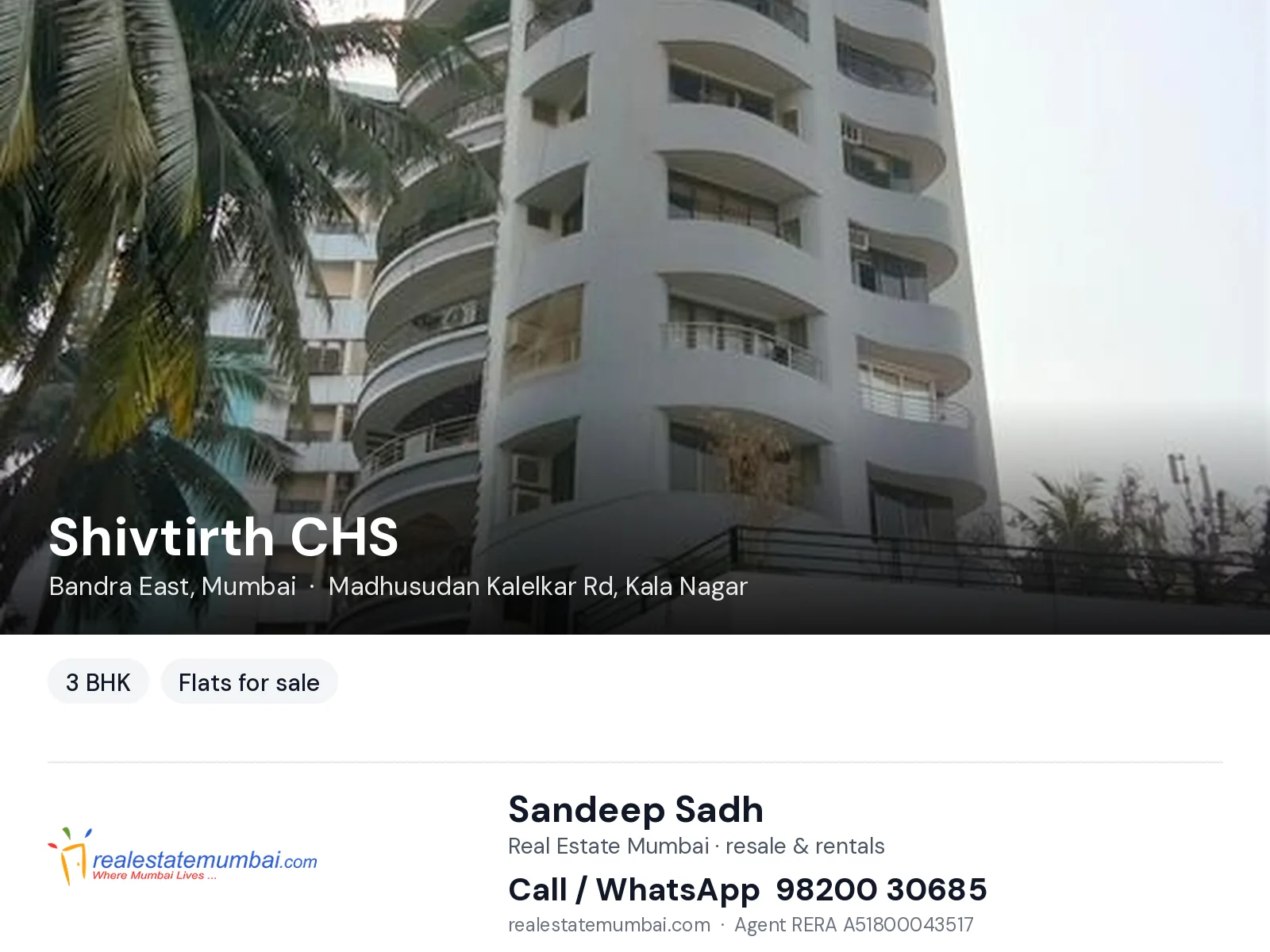 Shivtirth CHS, Bandra East, Mumbai — 3 BHK flats for sale | Real Estate Mumbai, Sandeep Sadh 98200 30685