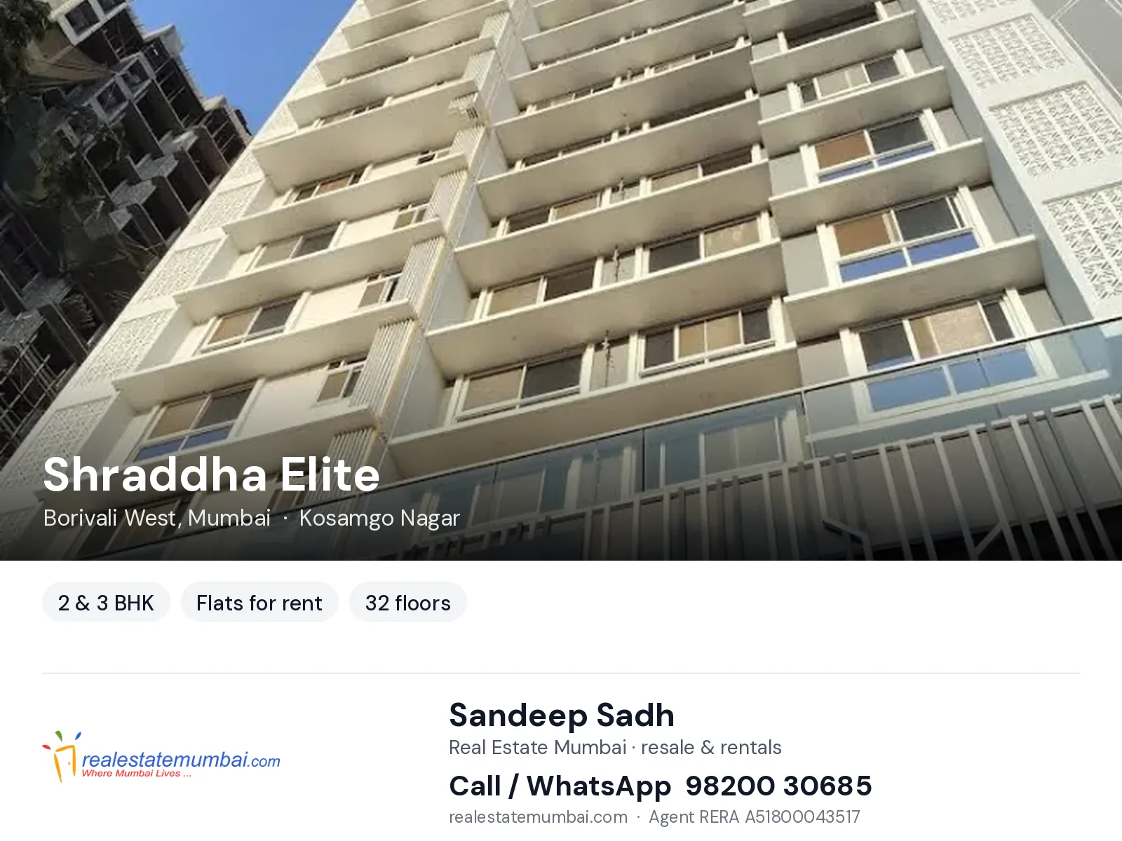 Shraddha Elite, Borivali West, Mumbai — 2 & 3 BHK flats for rent | Real Estate Mumbai, Sandeep Sadh 98200 30685