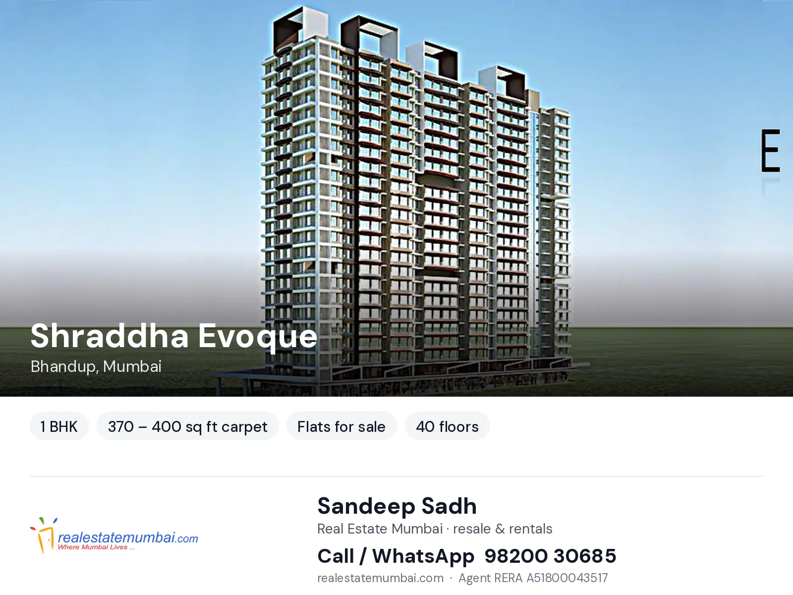 Shraddha Evoque, Bhandup, Mumbai — 1 BHK flats for sale | Real Estate Mumbai, Sandeep Sadh 98200 30685