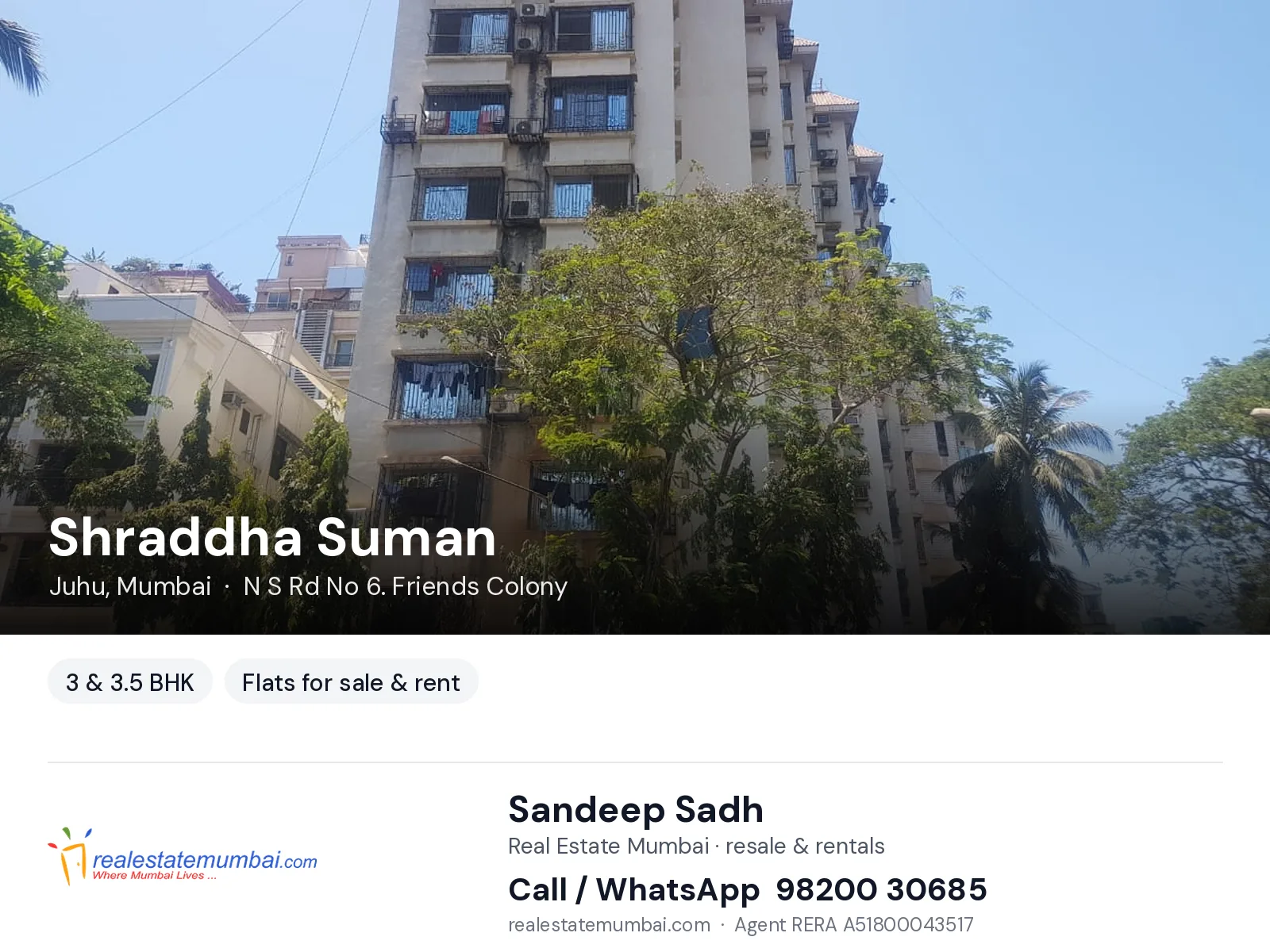 Shraddha Suman, Juhu, Mumbai — 3 & 3.5 BHK flats for sale & rent | Real Estate Mumbai, Sandeep Sadh 98200 30685