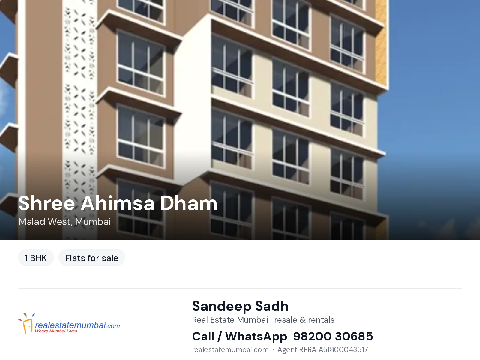 Shree Ahimsa Dham, Malad West, Mumbai — 1 BHK flats for sale | Real Estate Mumbai, Sandeep Sadh 98200 30685