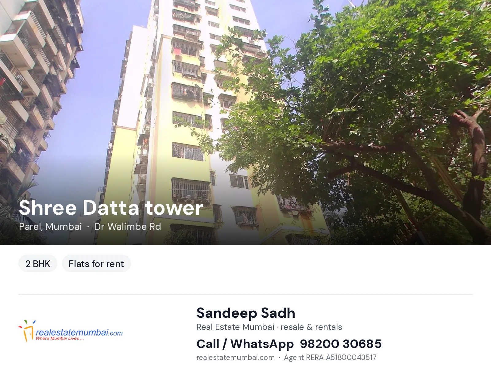 Shree Datta tower, Parel, Mumbai — 2 BHK flats for rent | Real Estate Mumbai, Sandeep Sadh 98200 30685