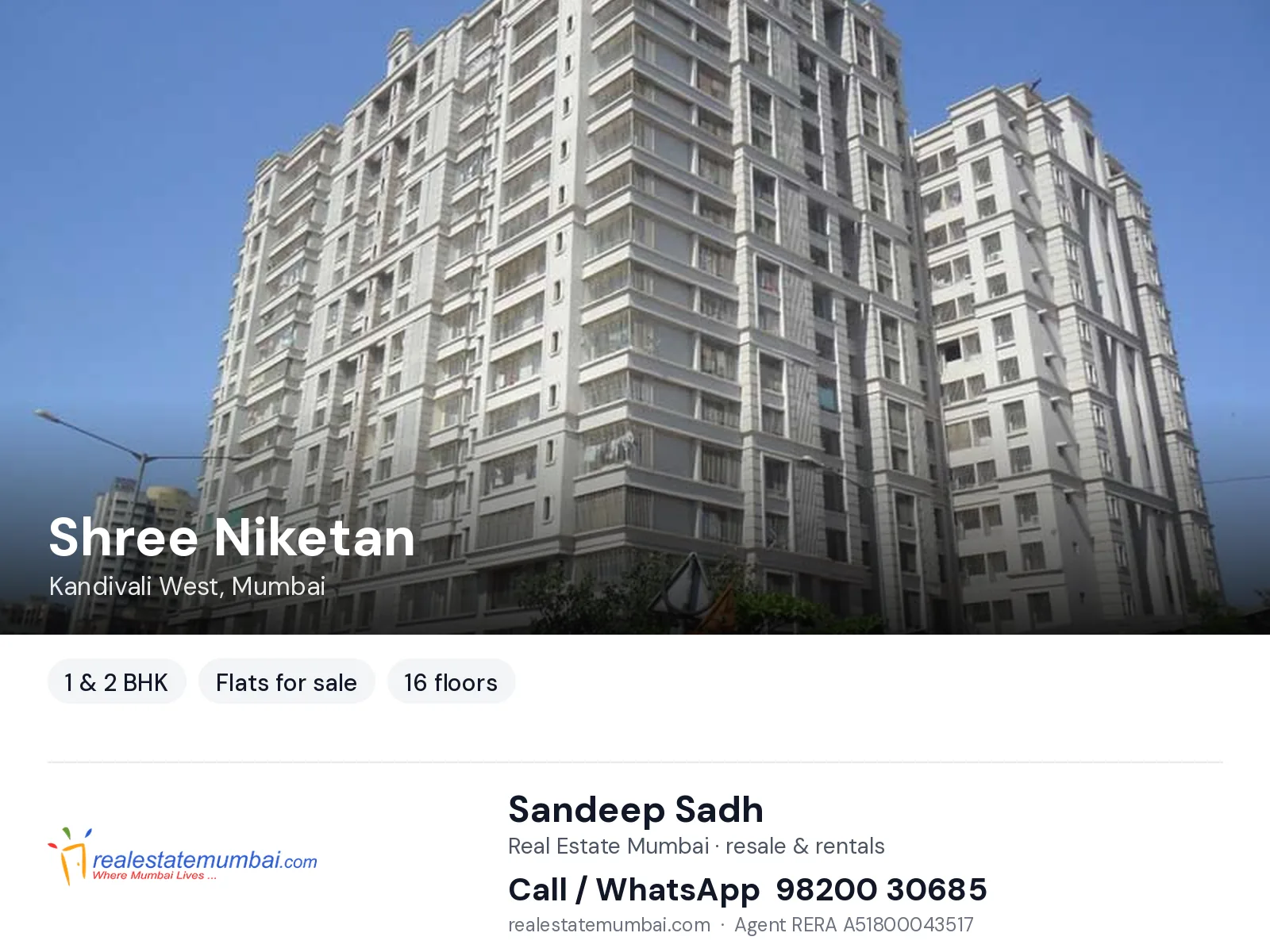 Shree Niketan, Kandivali West, Mumbai — 1 & 2 BHK flats for sale | Real Estate Mumbai, Sandeep Sadh 98200 30685