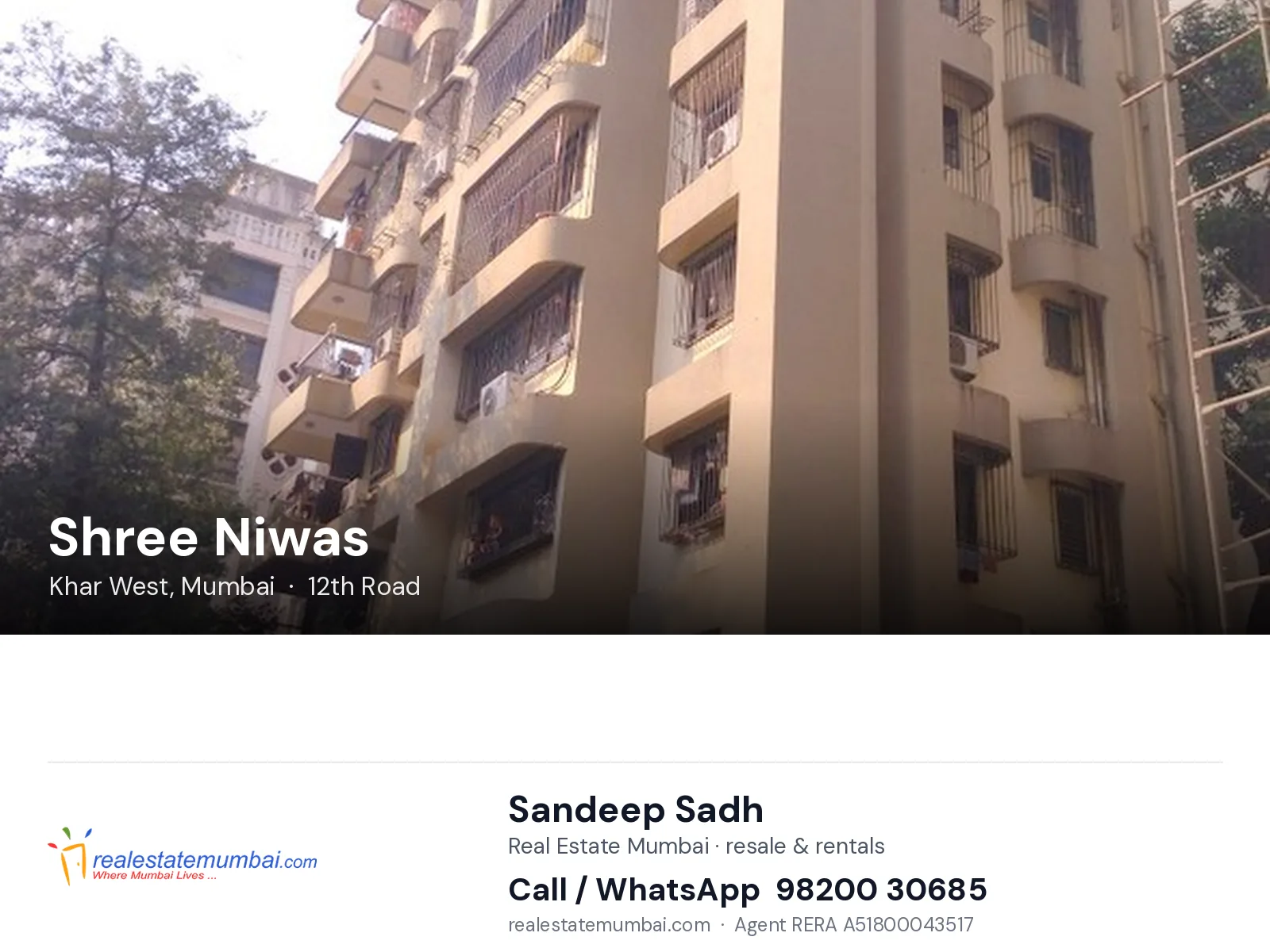 Shree Niwas, Khar West, Mumbai — flats | Real Estate Mumbai, Sandeep Sadh 98200 30685