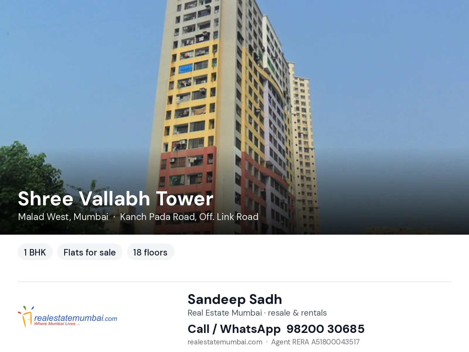 Shree Vallabh Tower, Malad West, Mumbai — 1 BHK flats for sale | Real Estate Mumbai, Sandeep Sadh 98200 30685