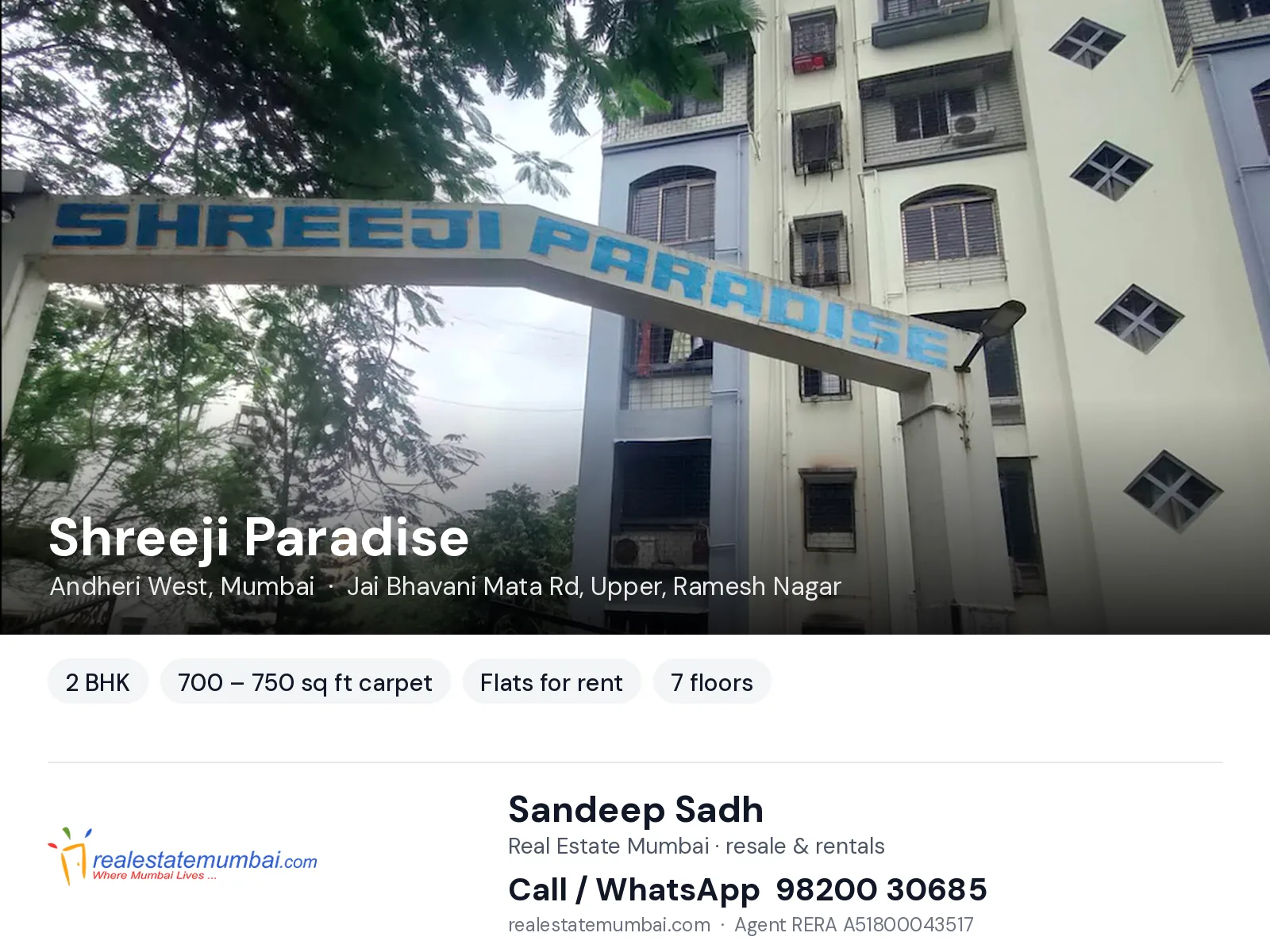 Shreeji Paradise, Andheri West, Mumbai — 2 BHK flats for rent | Real Estate Mumbai, Sandeep Sadh 98200 30685