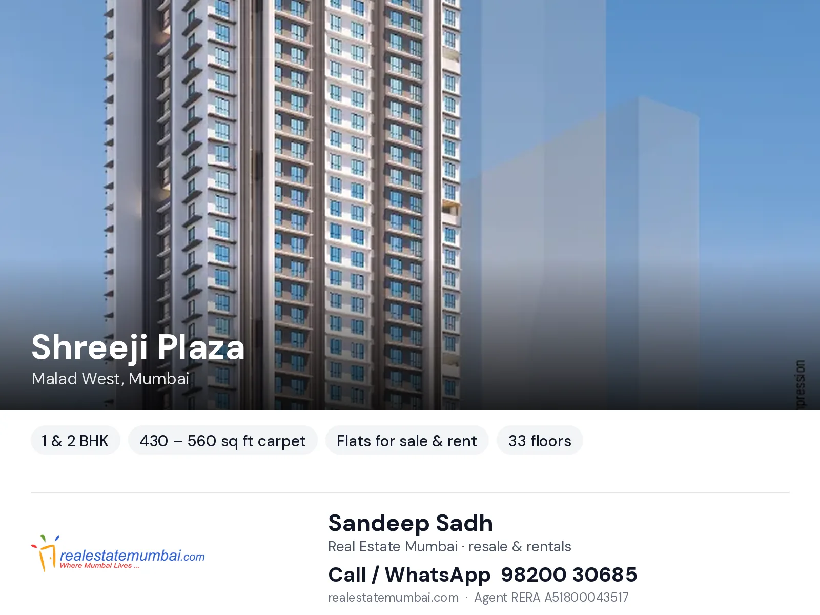 Shreeji Plaza, Malad West, Mumbai — 1 & 2 BHK flats for sale & rent | Real Estate Mumbai, Sandeep Sadh 98200 30685