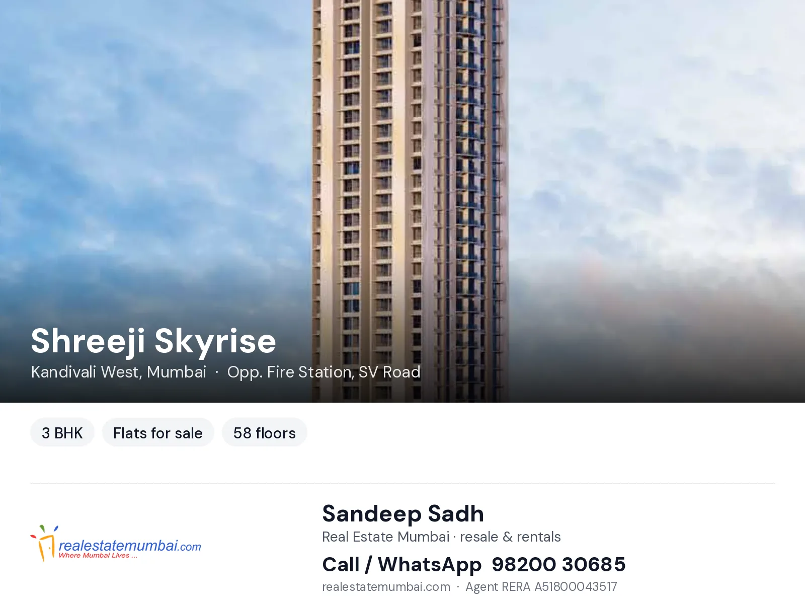 Shreeji Skyrise, Kandivali West, Mumbai — 3 BHK flats for sale | Real Estate Mumbai, Sandeep Sadh 98200 30685