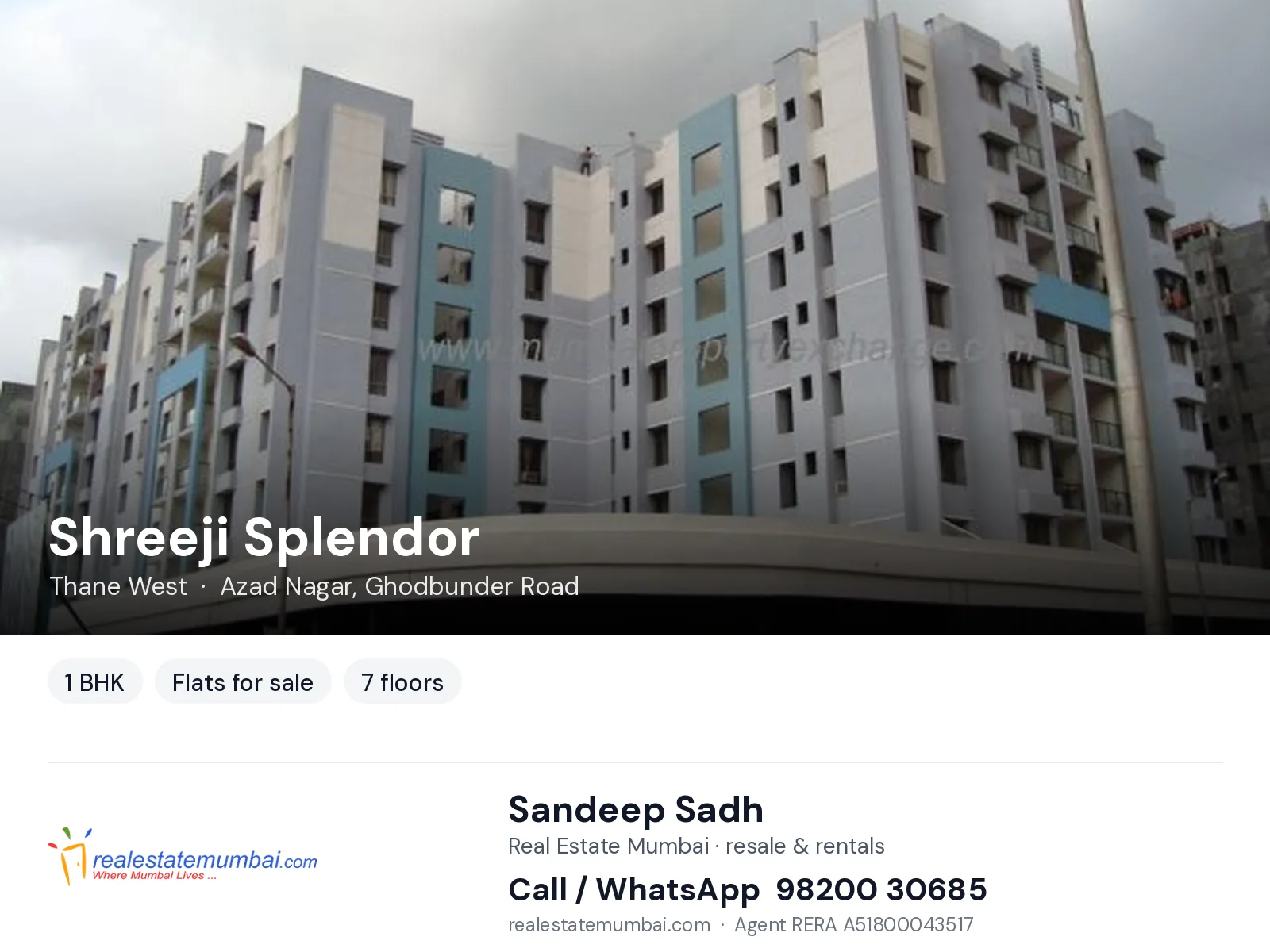 Shreeji Splendor, Thane West — 1 BHK flats for sale | Real Estate Mumbai, Sandeep Sadh 98200 30685