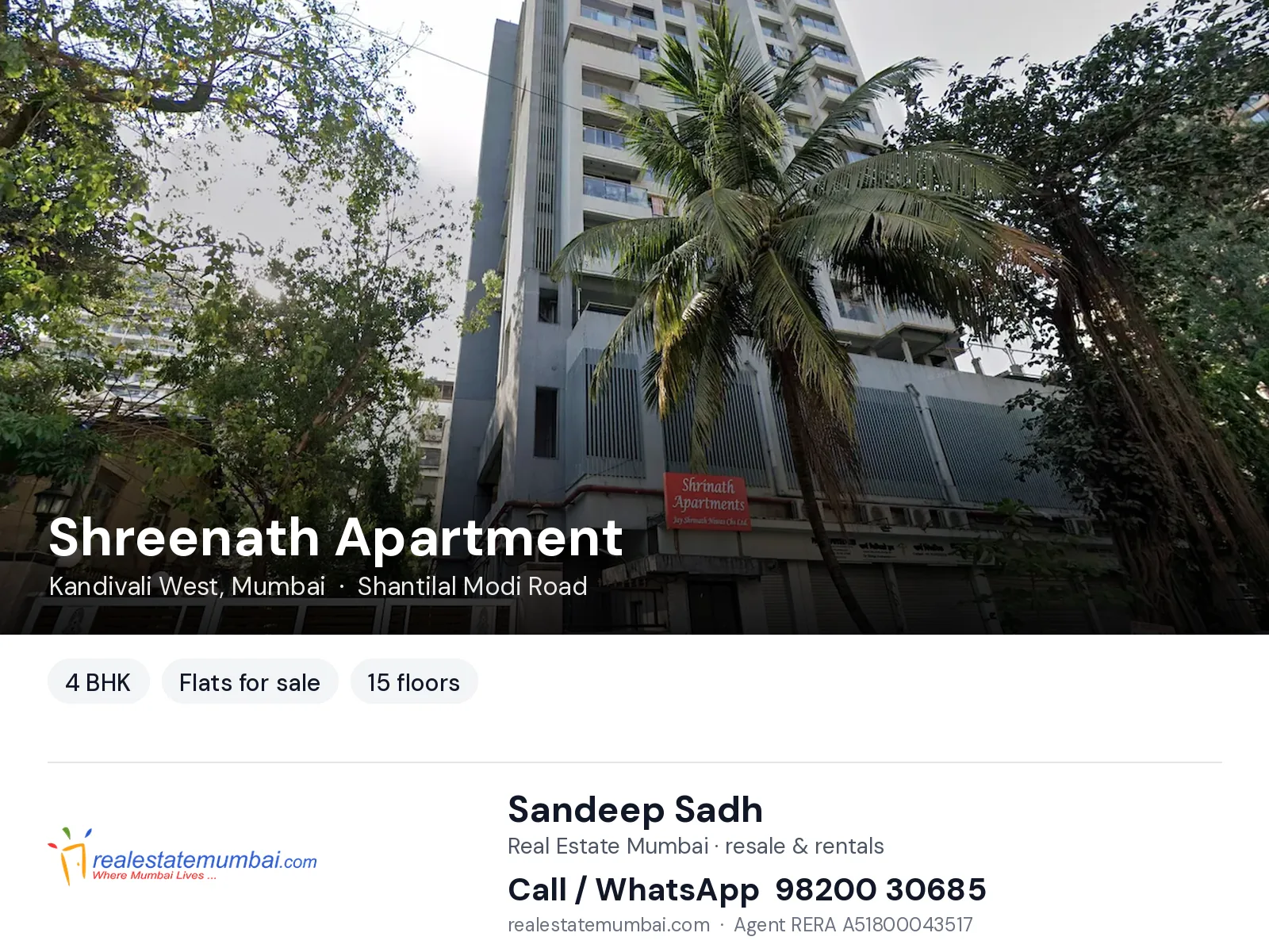 Shreenath Apartment, Kandivali West, Mumbai — 4 BHK flats for sale | Real Estate Mumbai, Sandeep Sadh 98200 30685