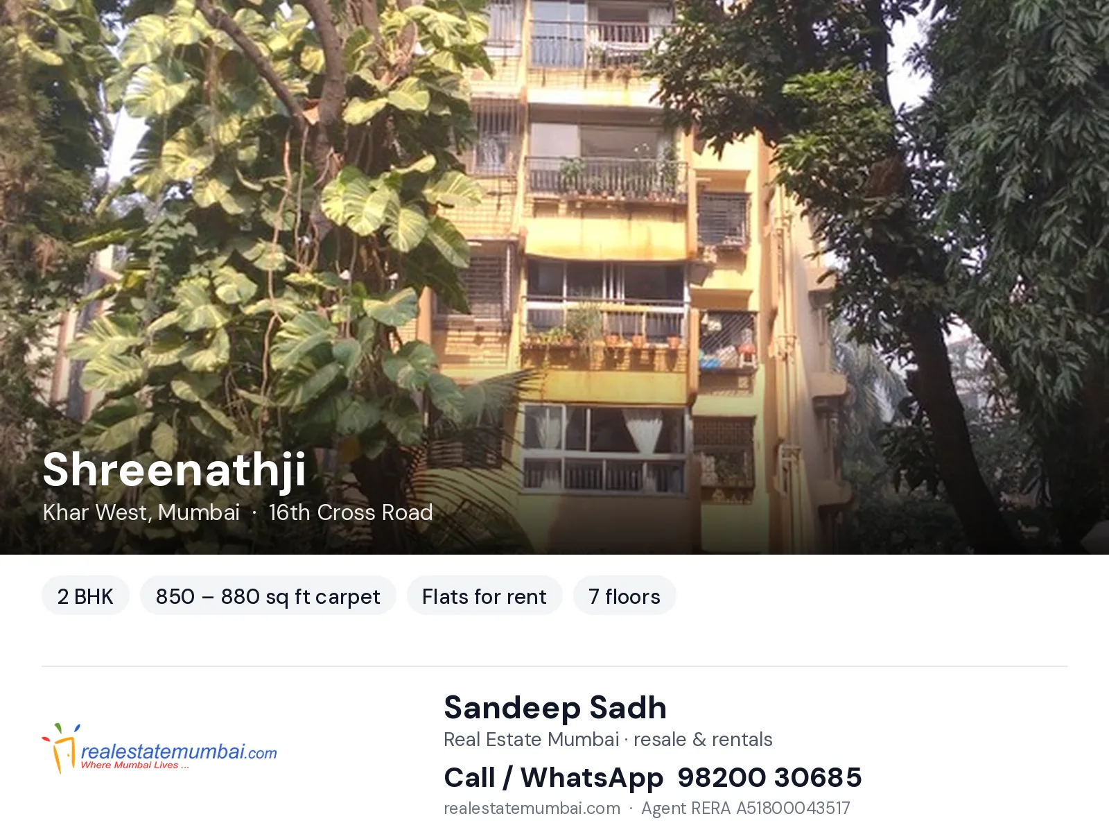 Shreenathji, Khar West, Mumbai — 2 BHK flats for rent | Real Estate Mumbai, Sandeep Sadh 98200 30685