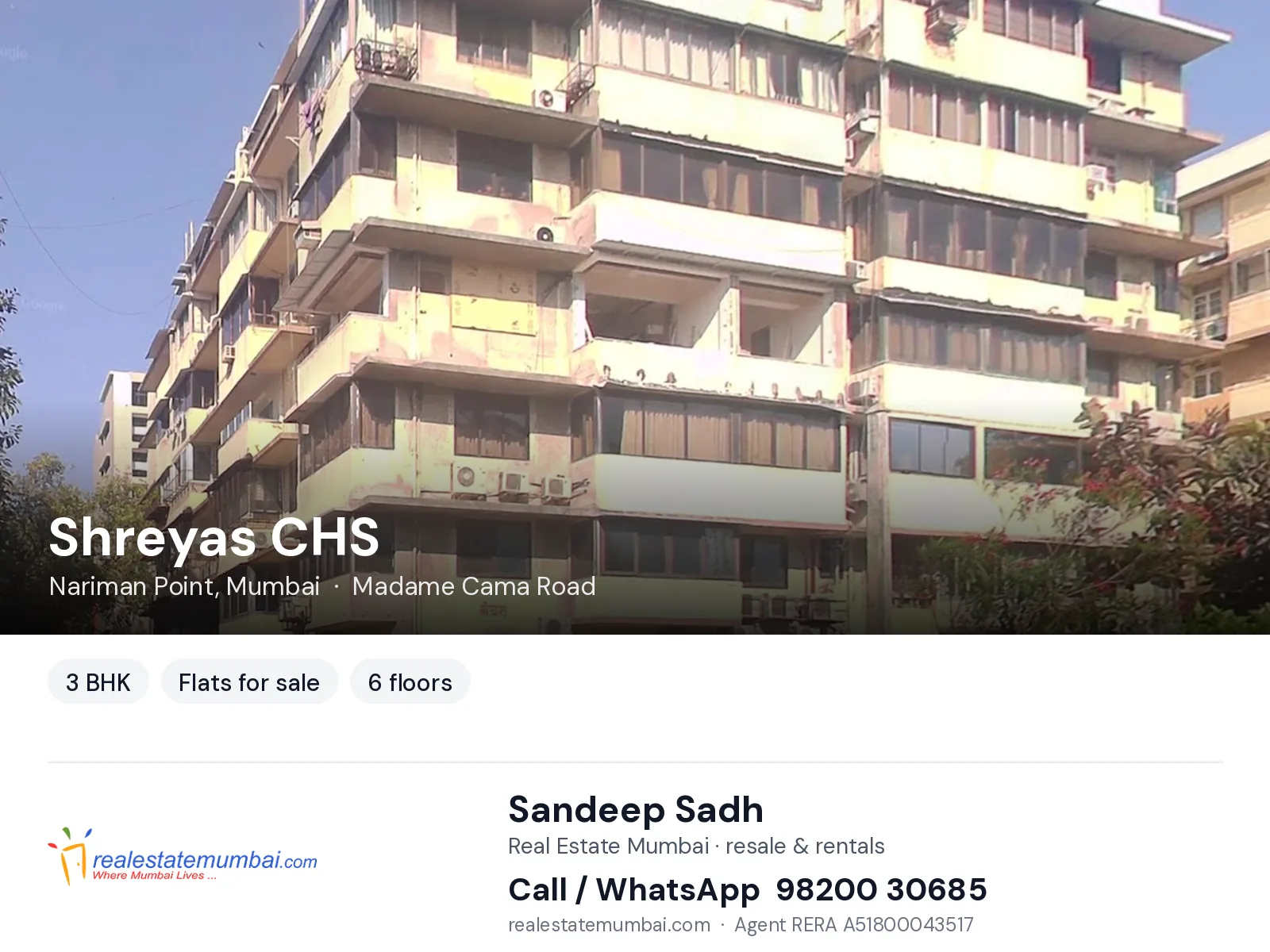 Shreyas CHS, Nariman Point, Mumbai — 3 BHK flats for sale | Real Estate Mumbai, Sandeep Sadh 98200 30685