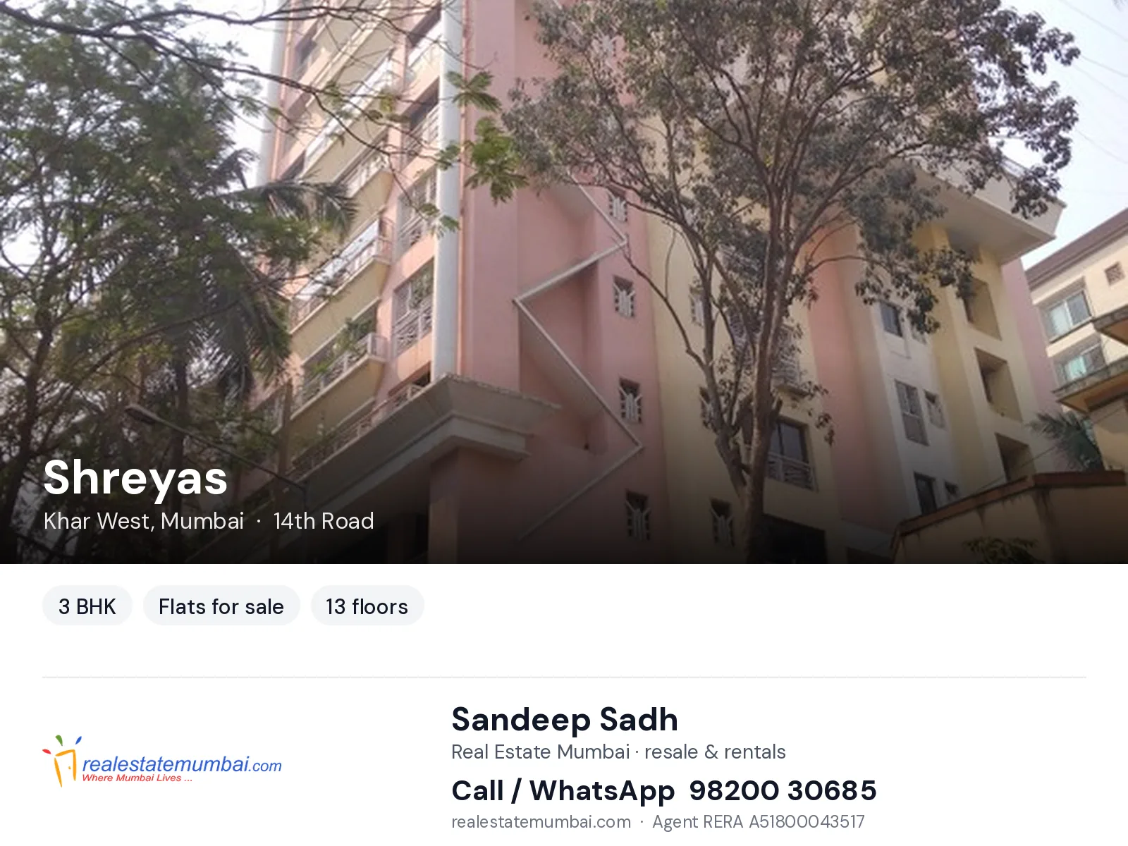 Shreyas, Khar West, Mumbai — 3 BHK flats for sale | Real Estate Mumbai, Sandeep Sadh 98200 30685