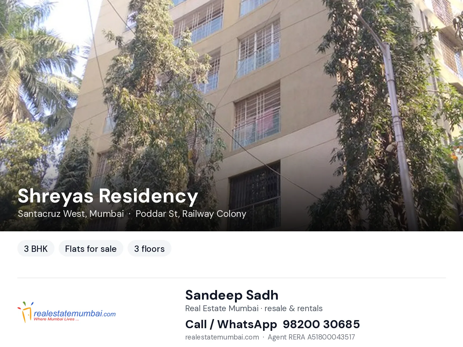 Shreyas Residency, Santacruz West, Mumbai — 3 BHK flats for sale | Real Estate Mumbai, Sandeep Sadh 98200 30685