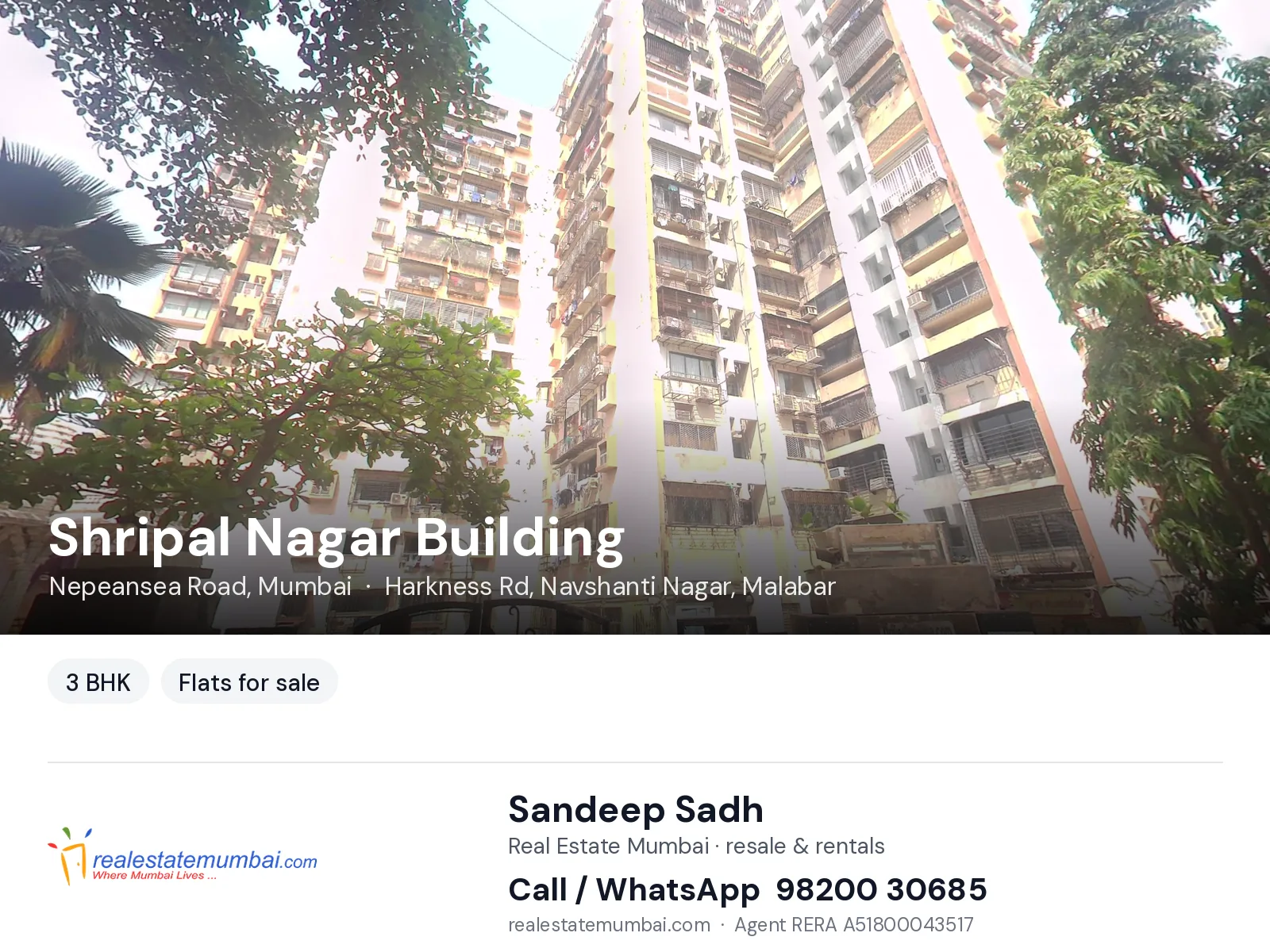 Shripal Nagar Building, Nepeansea Road, Mumbai — 3 BHK flats for sale | Real Estate Mumbai, Sandeep Sadh 98200 30685