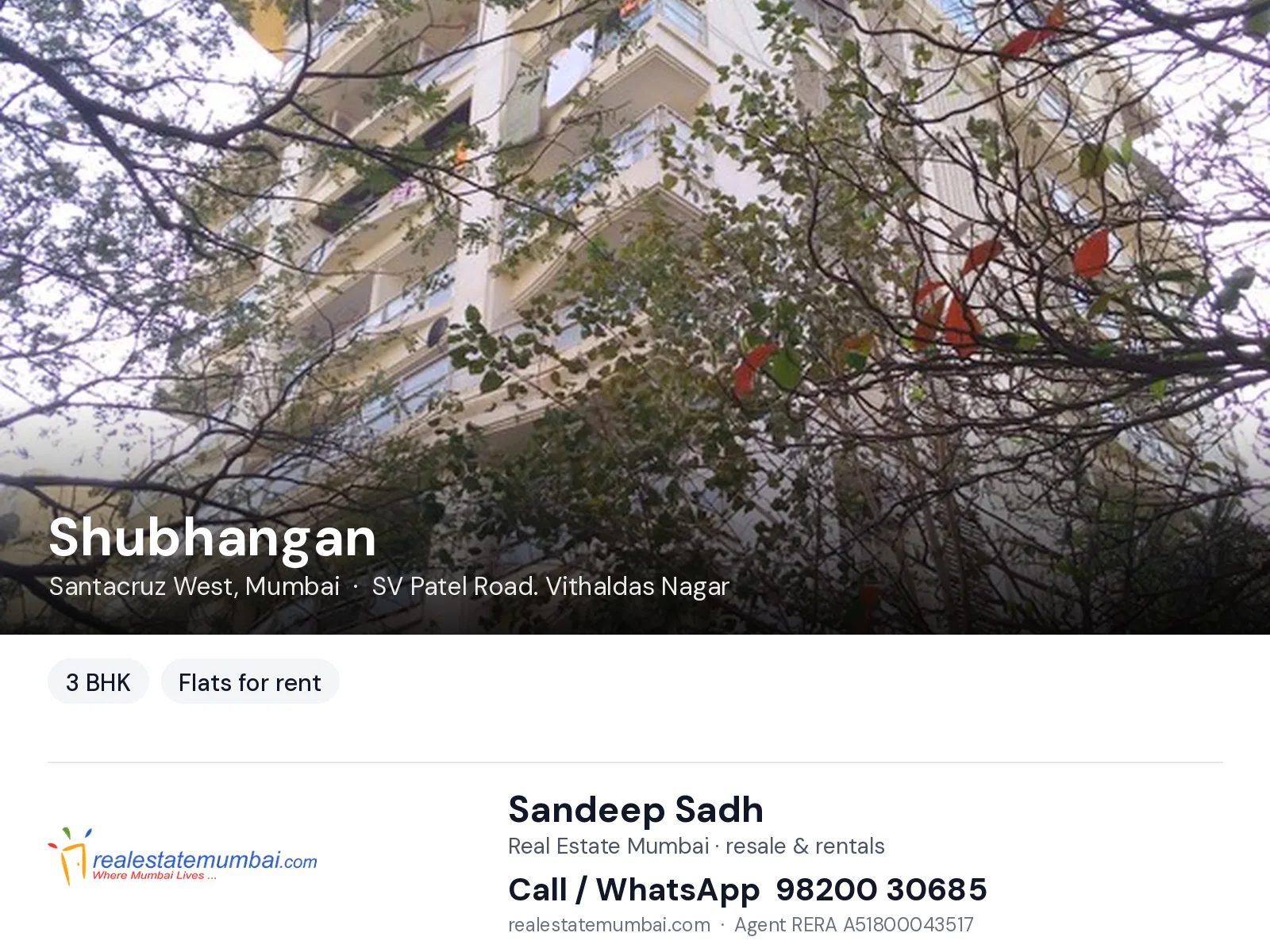 Shubhangan, Santacruz West, Mumbai — 3 BHK flats for rent | Real Estate Mumbai, Sandeep Sadh 98200 30685