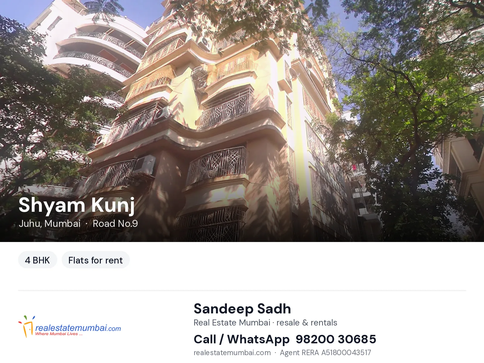 Shyam Kunj, Juhu, Mumbai — 4 BHK flats for rent | Real Estate Mumbai, Sandeep Sadh 98200 30685