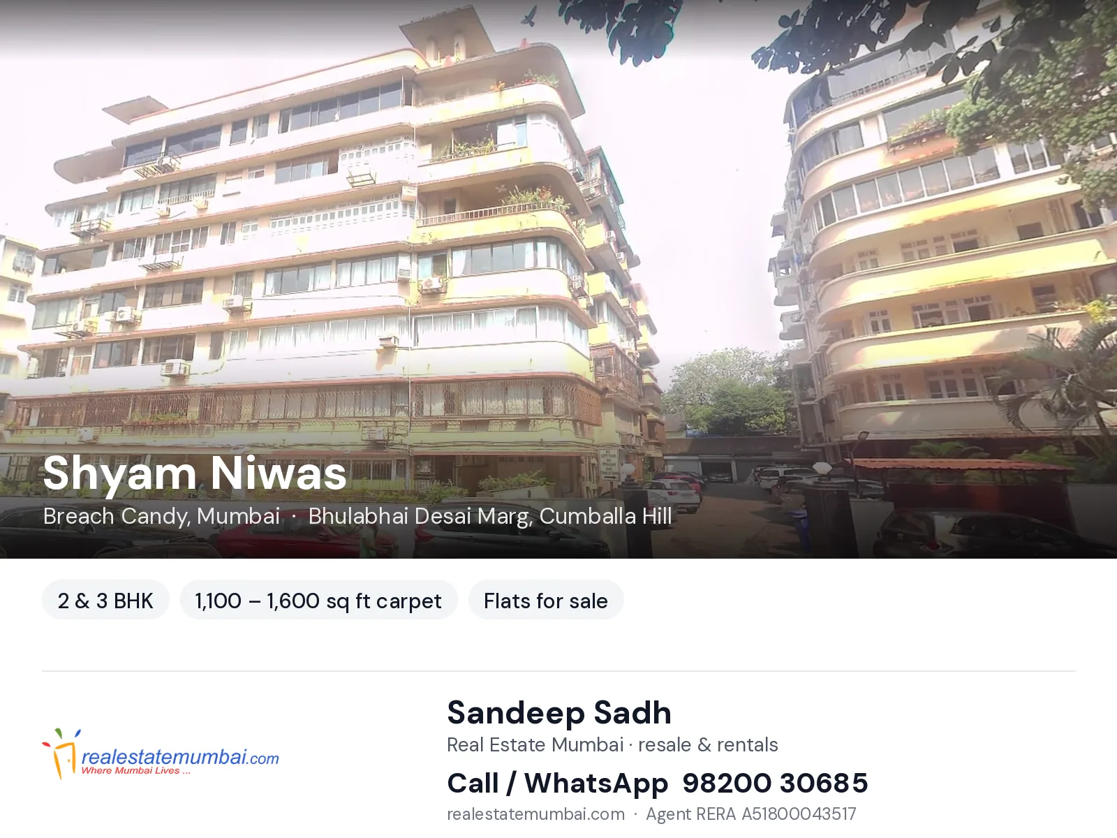 Shyam Niwas, Breach Candy, Mumbai — 2 & 3 BHK flats for sale | Real Estate Mumbai, Sandeep Sadh 98200 30685