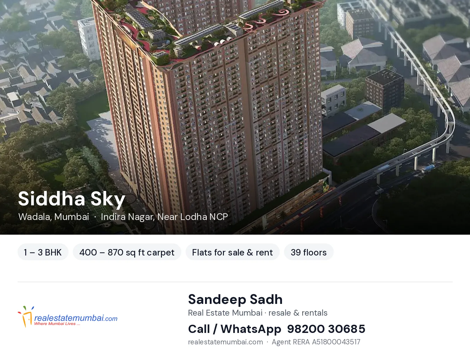 Siddha Sky, Wadala, Mumbai — 1 – 3 BHK flats for sale & rent | Real Estate Mumbai, Sandeep Sadh 98200 30685