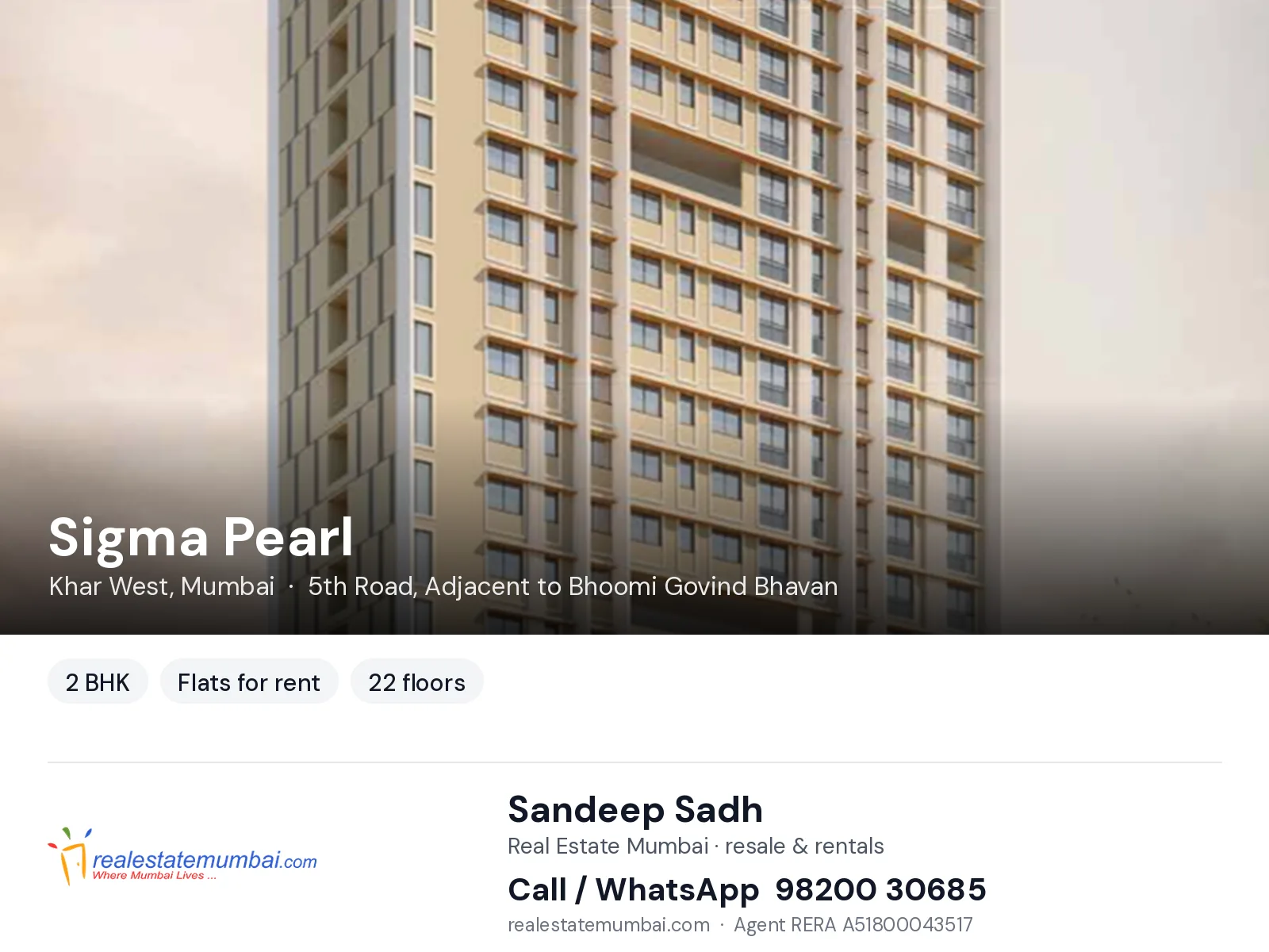 Sigma Pearl, Khar West, Mumbai — 2 BHK flats for rent | Real Estate Mumbai, Sandeep Sadh 98200 30685