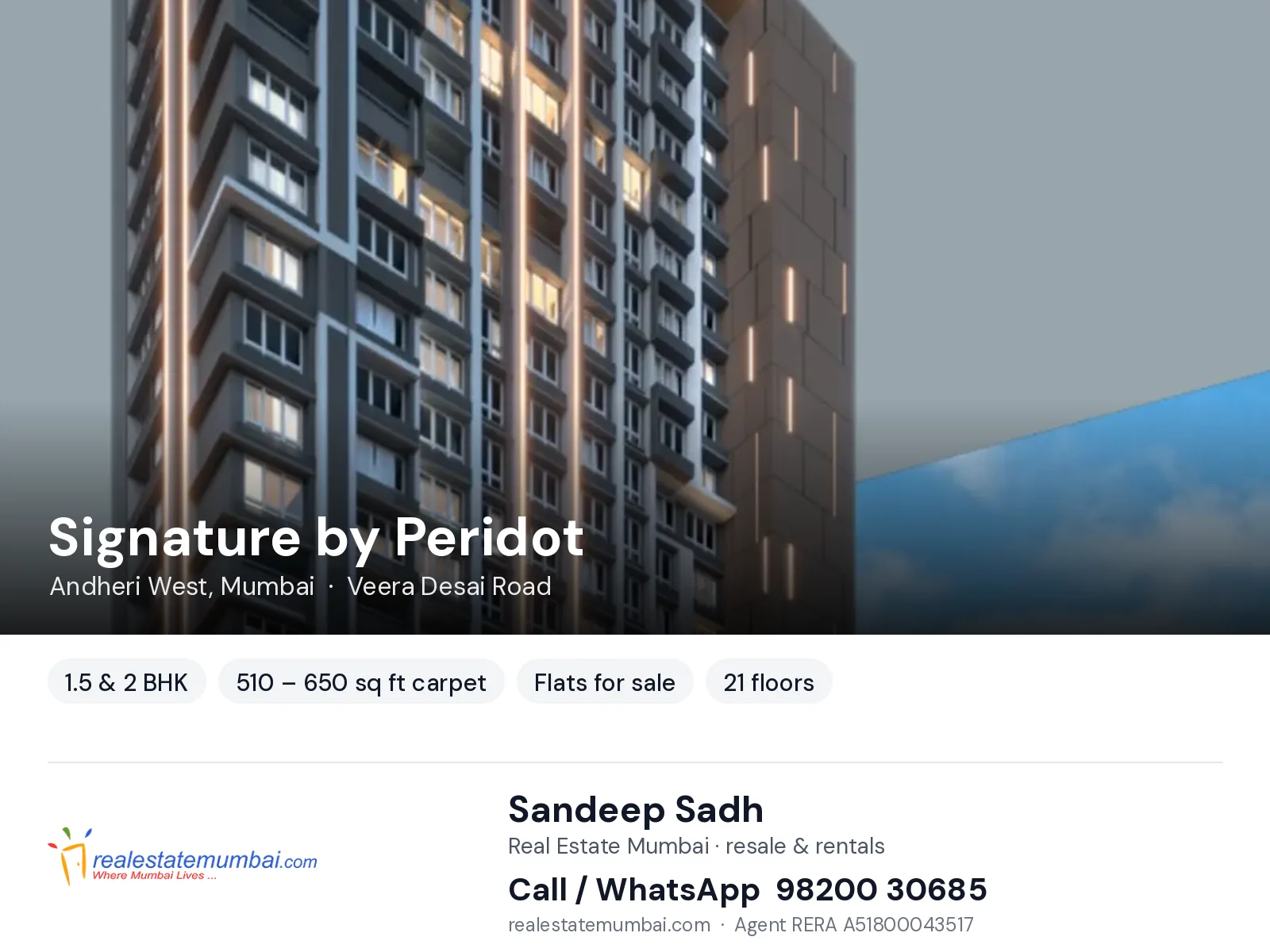 Signature by Peridot, Andheri West, Mumbai — 1.5 & 2 BHK flats for sale | Real Estate Mumbai, Sandeep Sadh 98200 30685