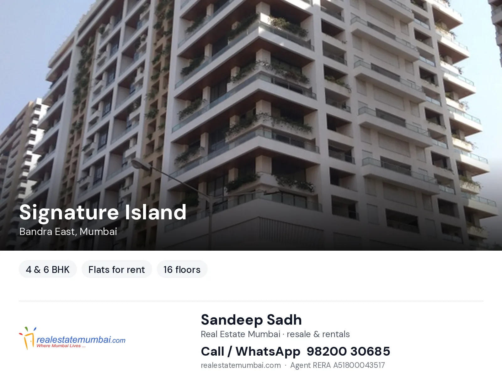 Signature Island, Bandra East, Mumbai — 4 & 6 BHK flats for rent | Real Estate Mumbai, Sandeep Sadh 98200 30685