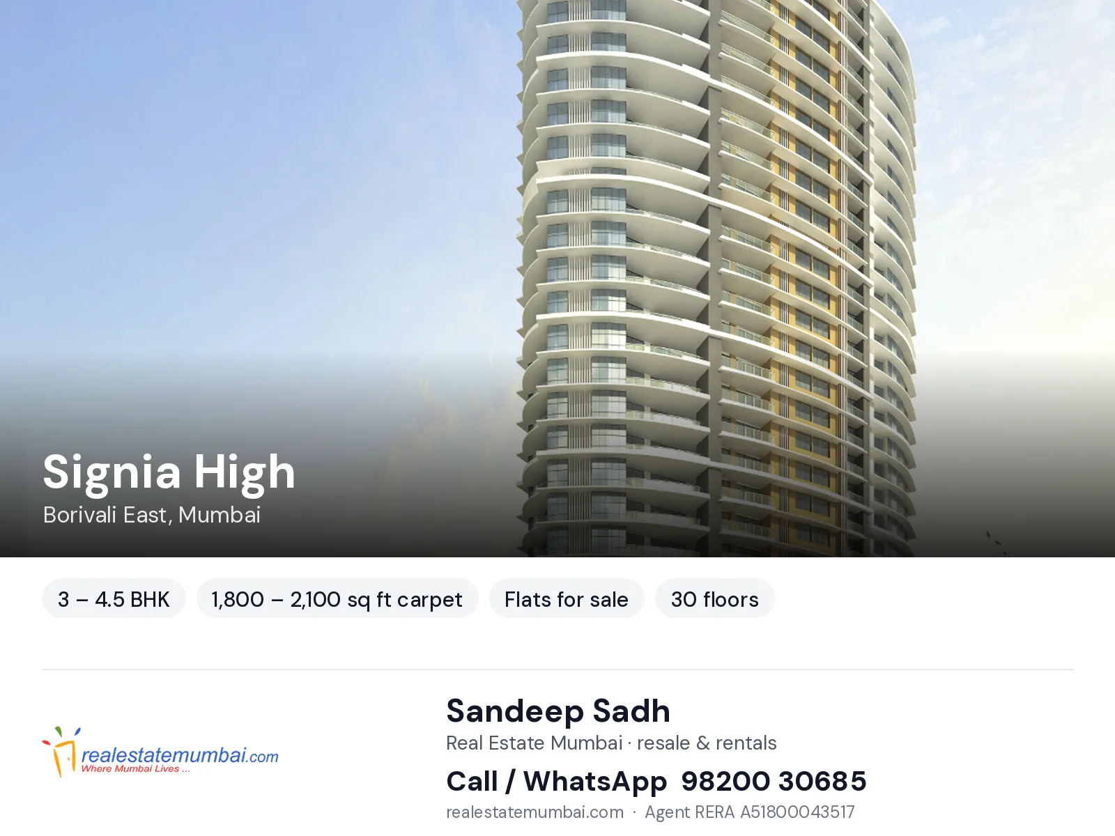 Signia High, Borivali East, Mumbai — 3 – 4.5 BHK flats for sale | Real Estate Mumbai, Sandeep Sadh 98200 30685