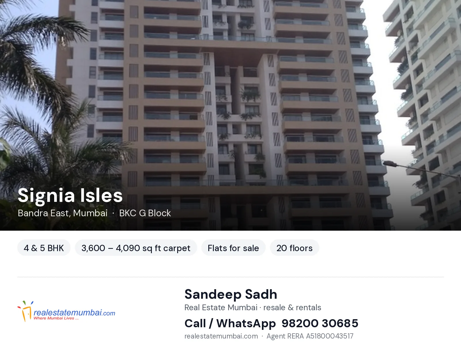Signia Isles, Bandra East, Mumbai — 4 & 5 BHK flats for sale | Real Estate Mumbai, Sandeep Sadh 98200 30685