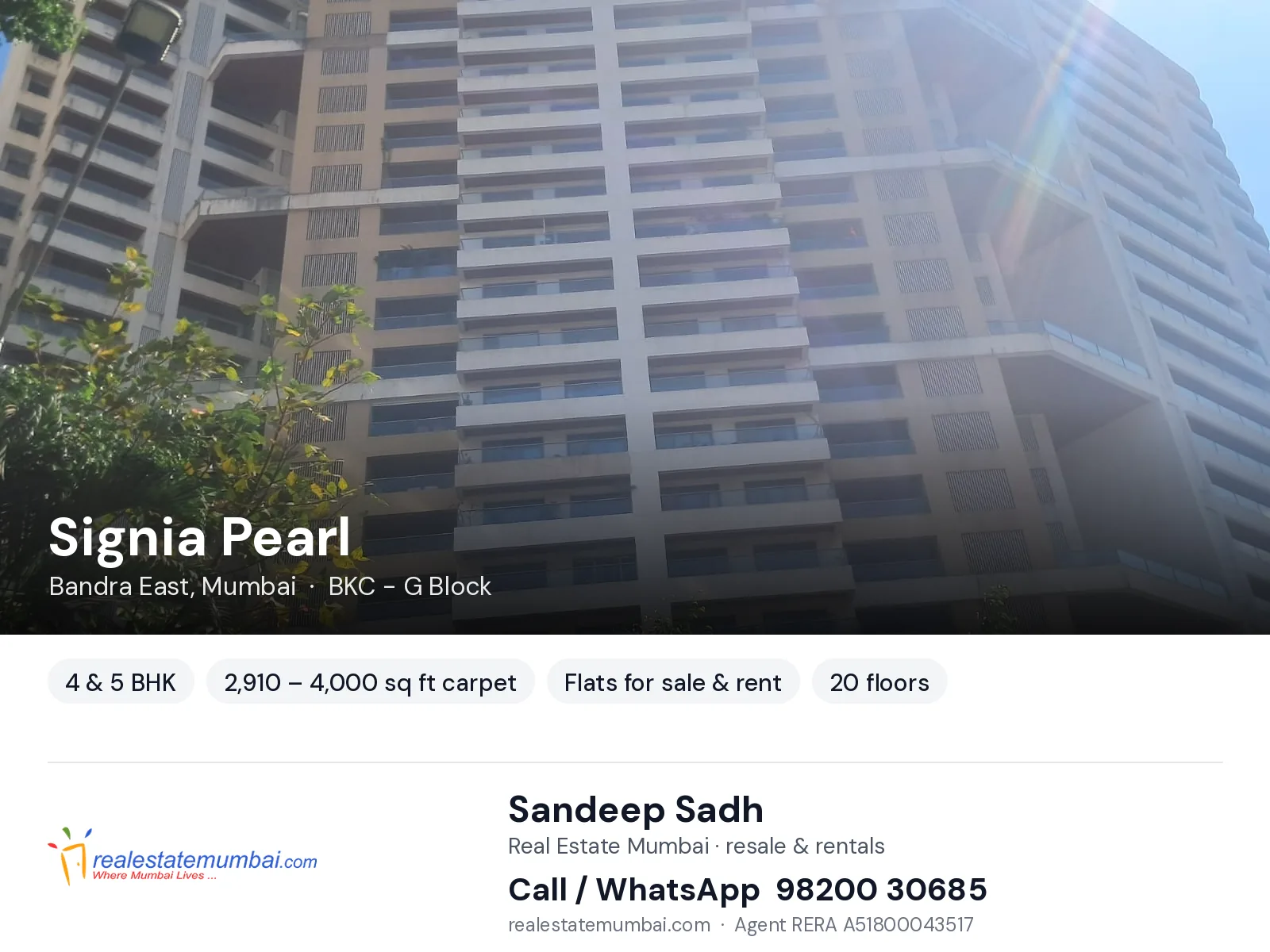 Signia Pearl, Bandra East, Mumbai — 4 & 5 BHK flats for sale & rent | Real Estate Mumbai, Sandeep Sadh 98200 30685