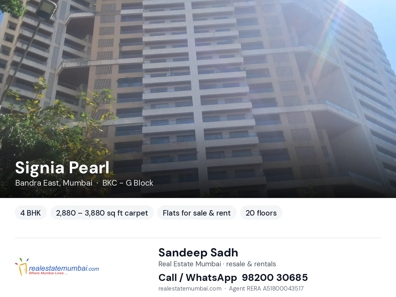 Signia Pearl, Bandra East, Mumbai — 4 BHK flats for sale & rent | Real Estate Mumbai, Sandeep Sadh 98200 30685