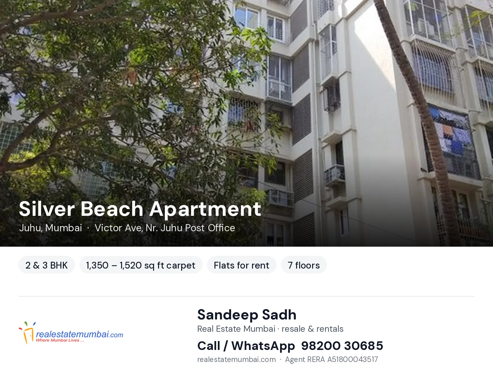 Silver Beach Apartment, Juhu, Mumbai — 2 & 3 BHK flats for rent | Real Estate Mumbai, Sandeep Sadh 98200 30685