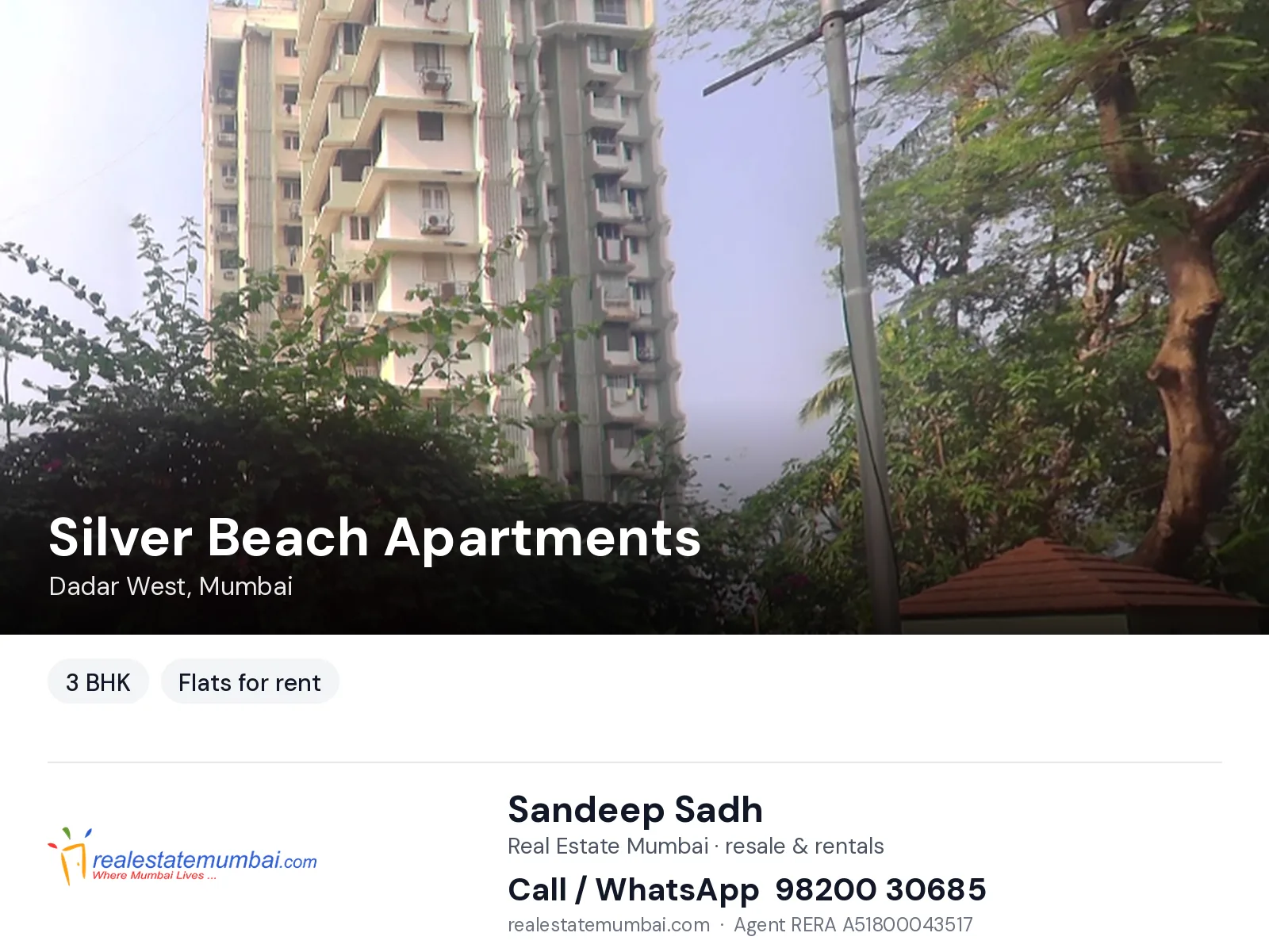 Silver Beach Apartments, Dadar West, Mumbai — 3 BHK flats for rent | Real Estate Mumbai, Sandeep Sadh 98200 30685