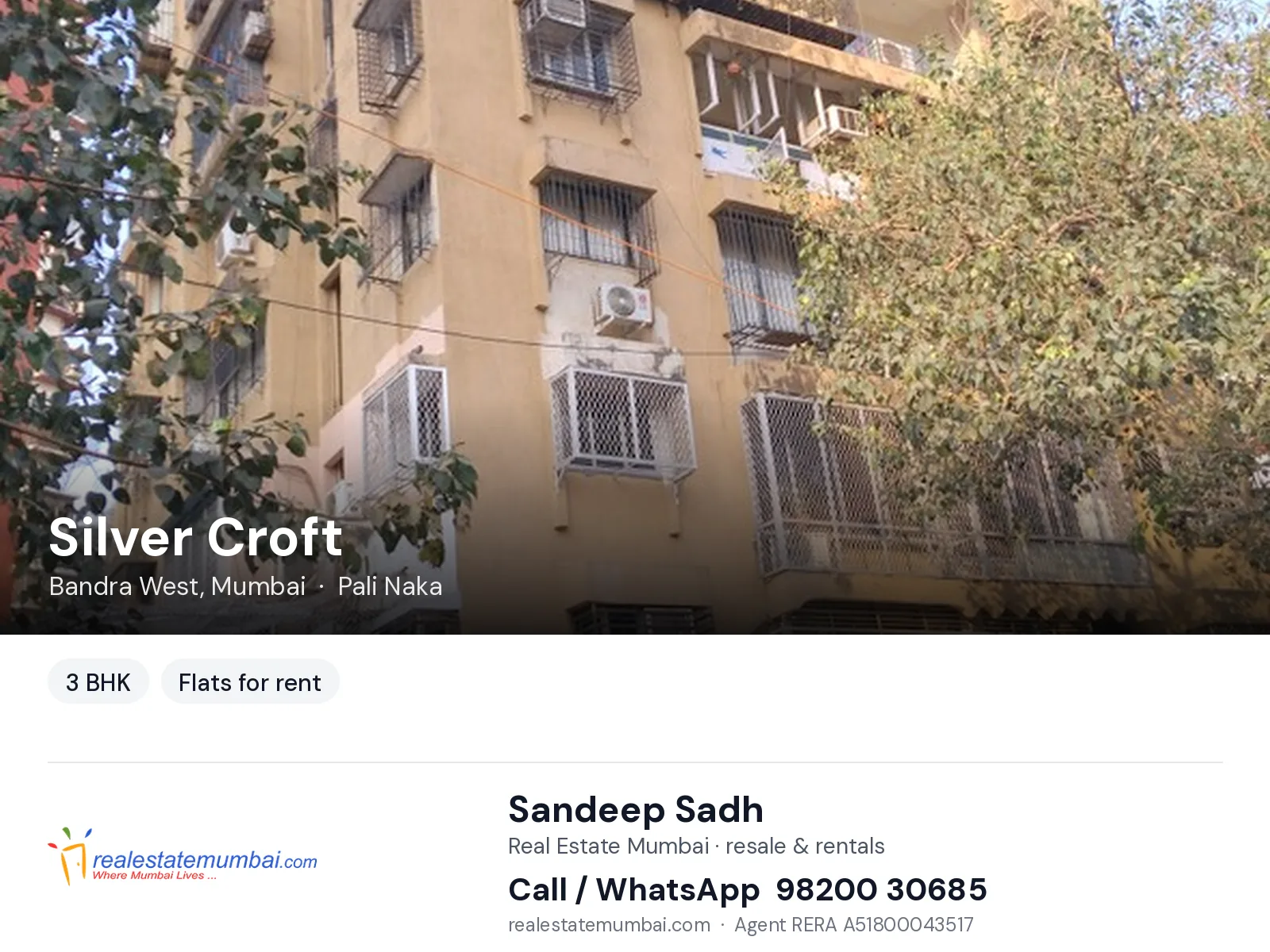 Silver Croft, Bandra West, Mumbai — 3 BHK flats for rent | Real Estate Mumbai, Sandeep Sadh 98200 30685