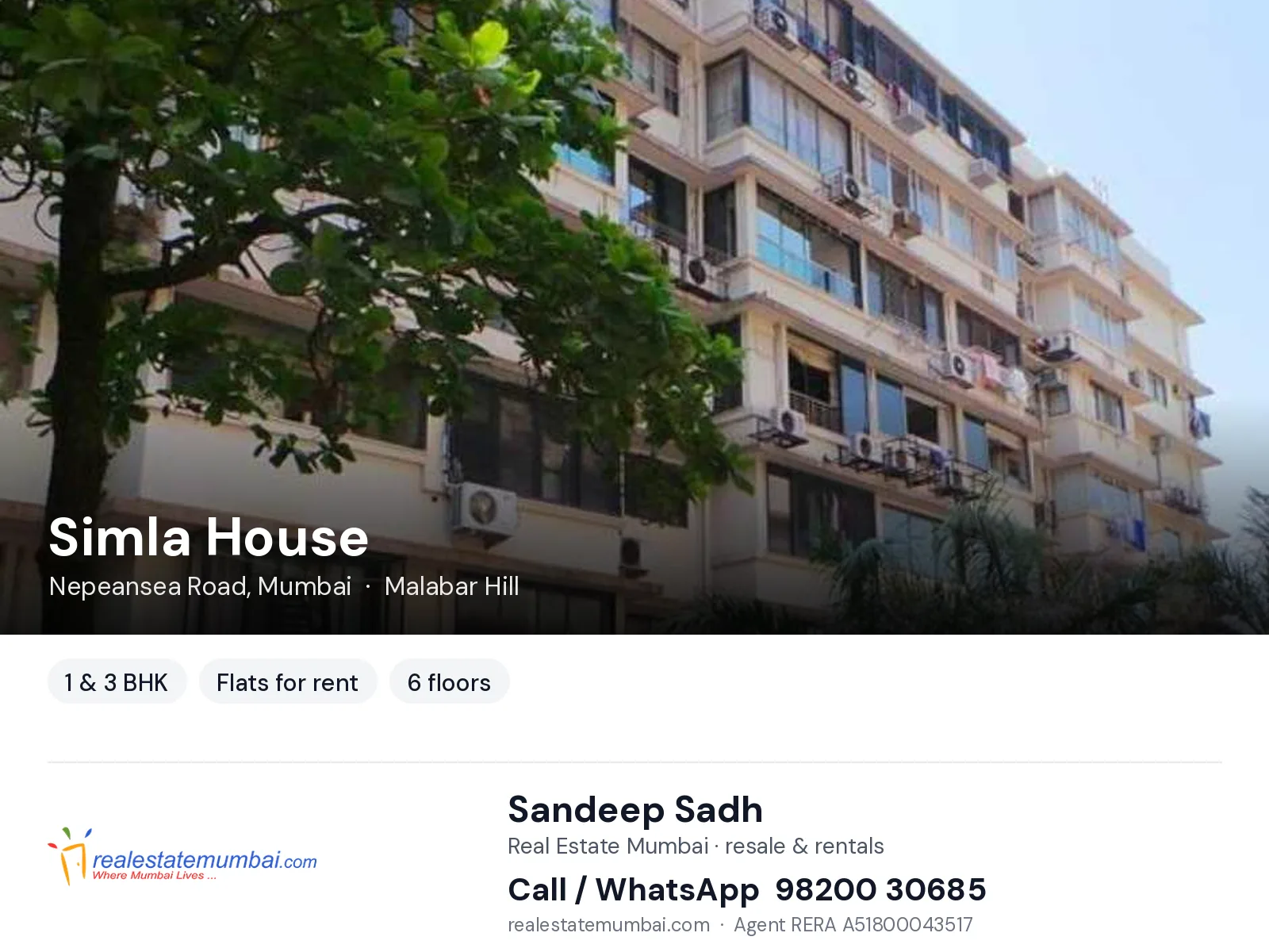 Simla House, Nepeansea Road, Mumbai — 1 & 3 BHK flats for rent | Real Estate Mumbai, Sandeep Sadh 98200 30685