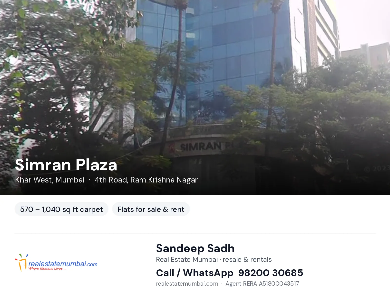 Simran Plaza, Khar West, Mumbai — flats for sale & rent | Real Estate Mumbai, Sandeep Sadh 98200 30685