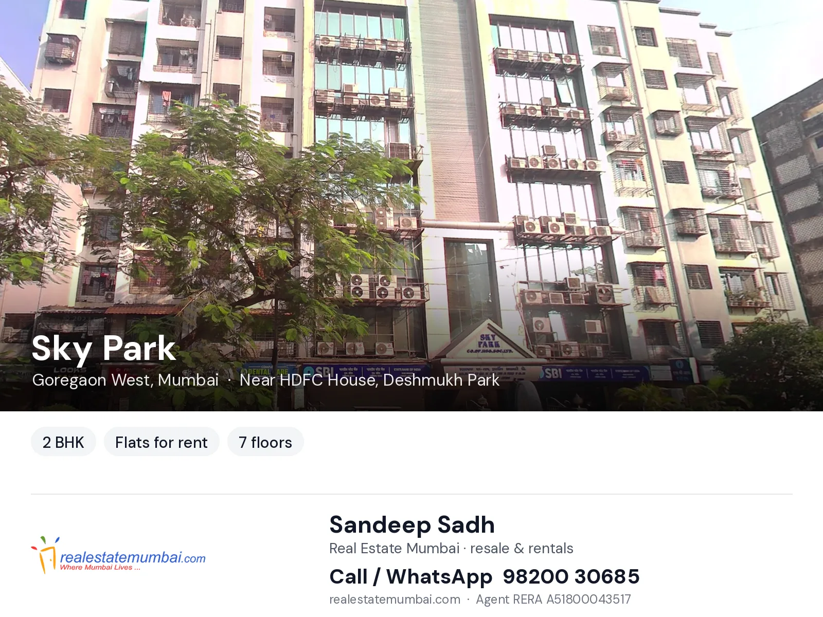 Sky Park, Goregaon West, Mumbai — 2 BHK flats for rent | Real Estate Mumbai, Sandeep Sadh 98200 30685