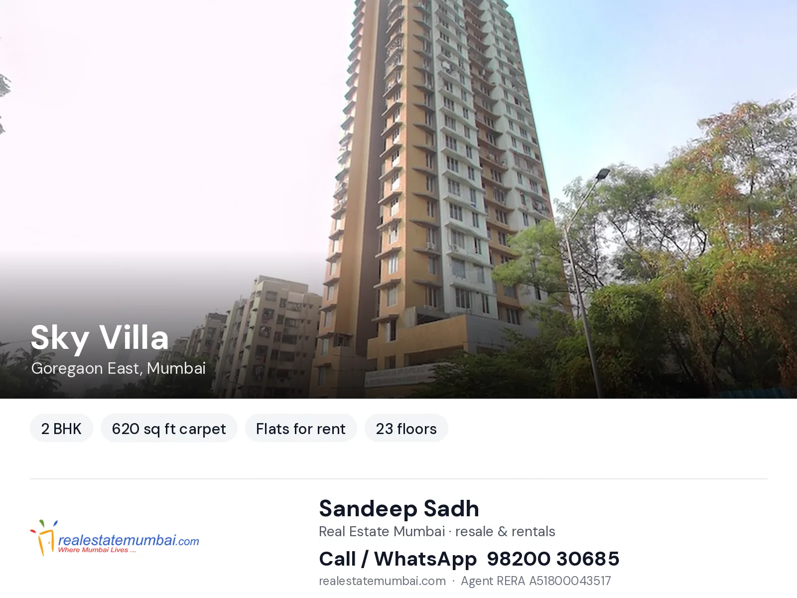 Sky Villa, Goregaon East, Mumbai — 2 BHK flats for rent | Real Estate Mumbai, Sandeep Sadh 98200 30685