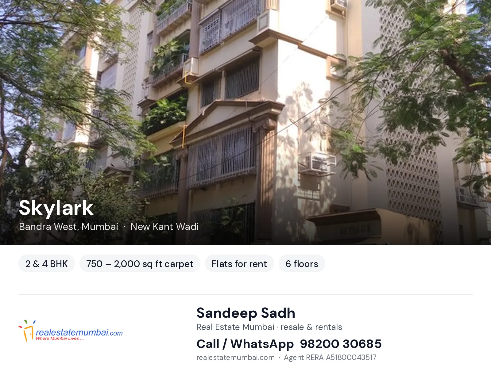 Skylark, Bandra West, Mumbai — 2 & 4 BHK flats for rent | Real Estate Mumbai, Sandeep Sadh 98200 30685