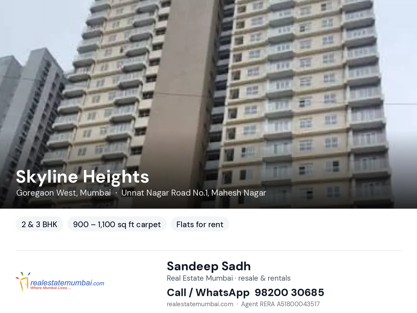 Skyline Heights, Goregaon West, Mumbai — 2 & 3 BHK flats for rent | Real Estate Mumbai, Sandeep Sadh 98200 30685
