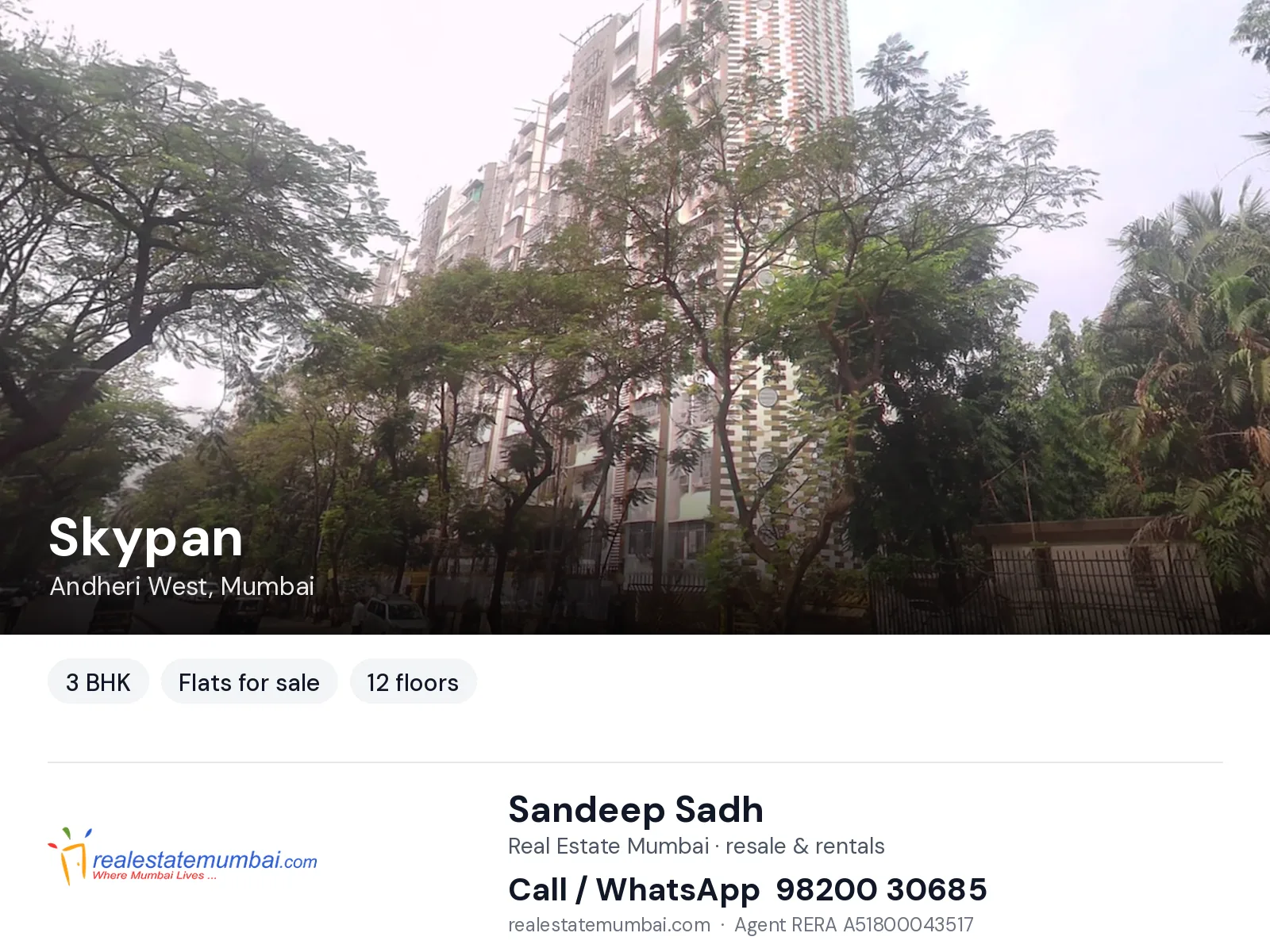 Skypan, Andheri West, Mumbai — 3 BHK flats for sale | Real Estate Mumbai, Sandeep Sadh 98200 30685